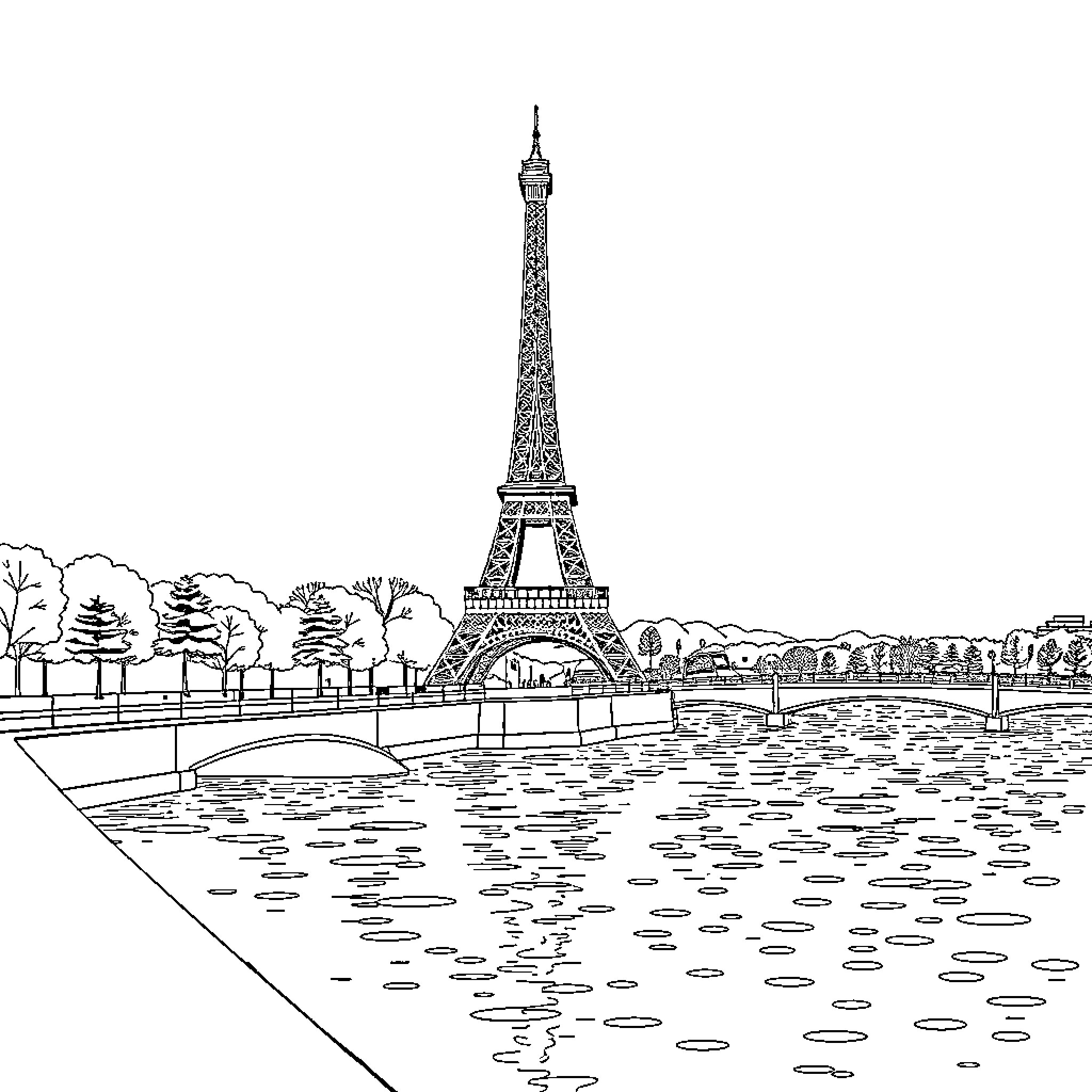 Eiffel Tower overlooking serene riverscape Coloring Page (free black-and-white line drawing printable PDF for all, from beginners to advanced learners, including children, teens, adults, and seniors)
