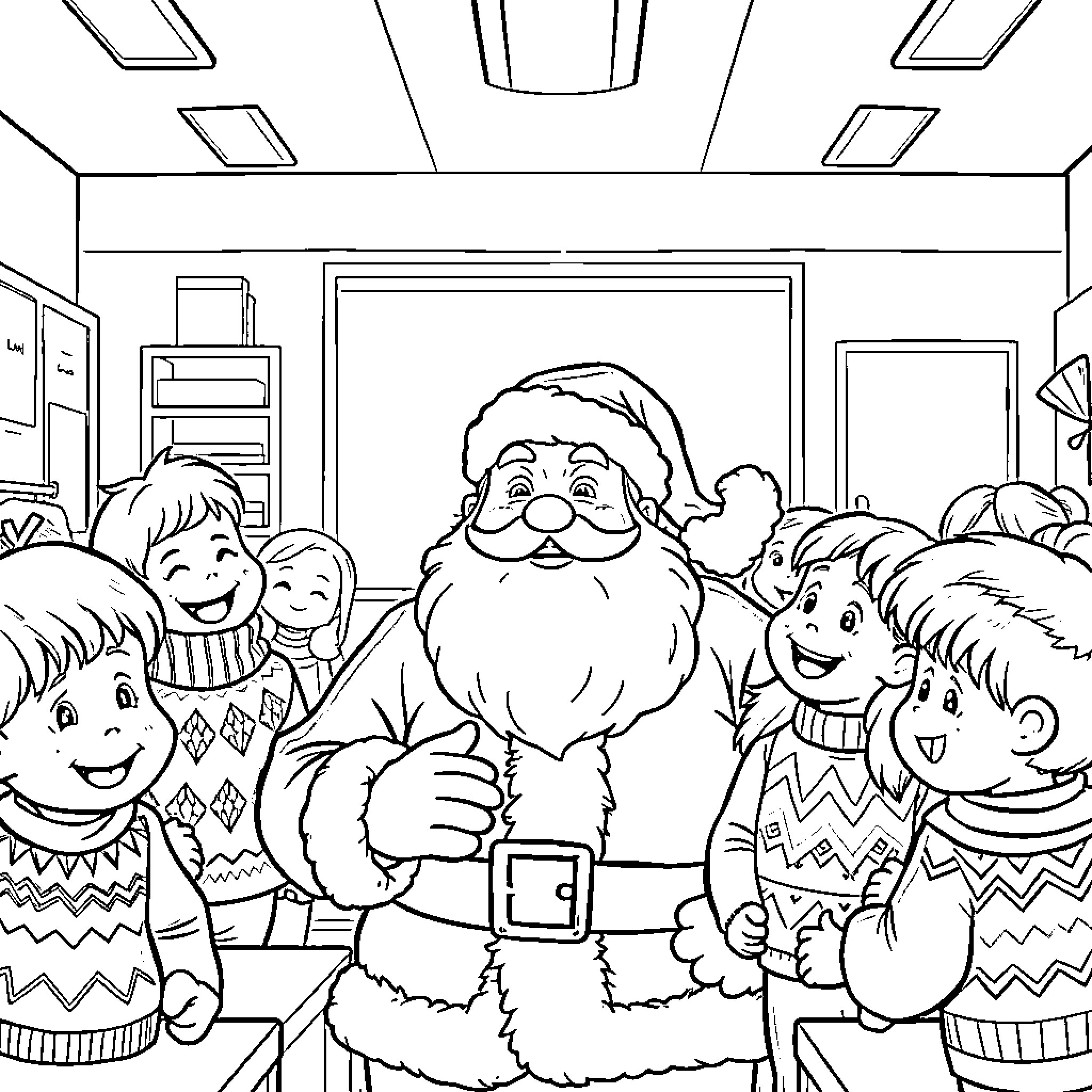 Santa Claus Surrounded by Joyful Children Coloring Page (free black-and-white line drawing printable PDF for all, from beginners to advanced learners, including children, teens, adults, and seniors)