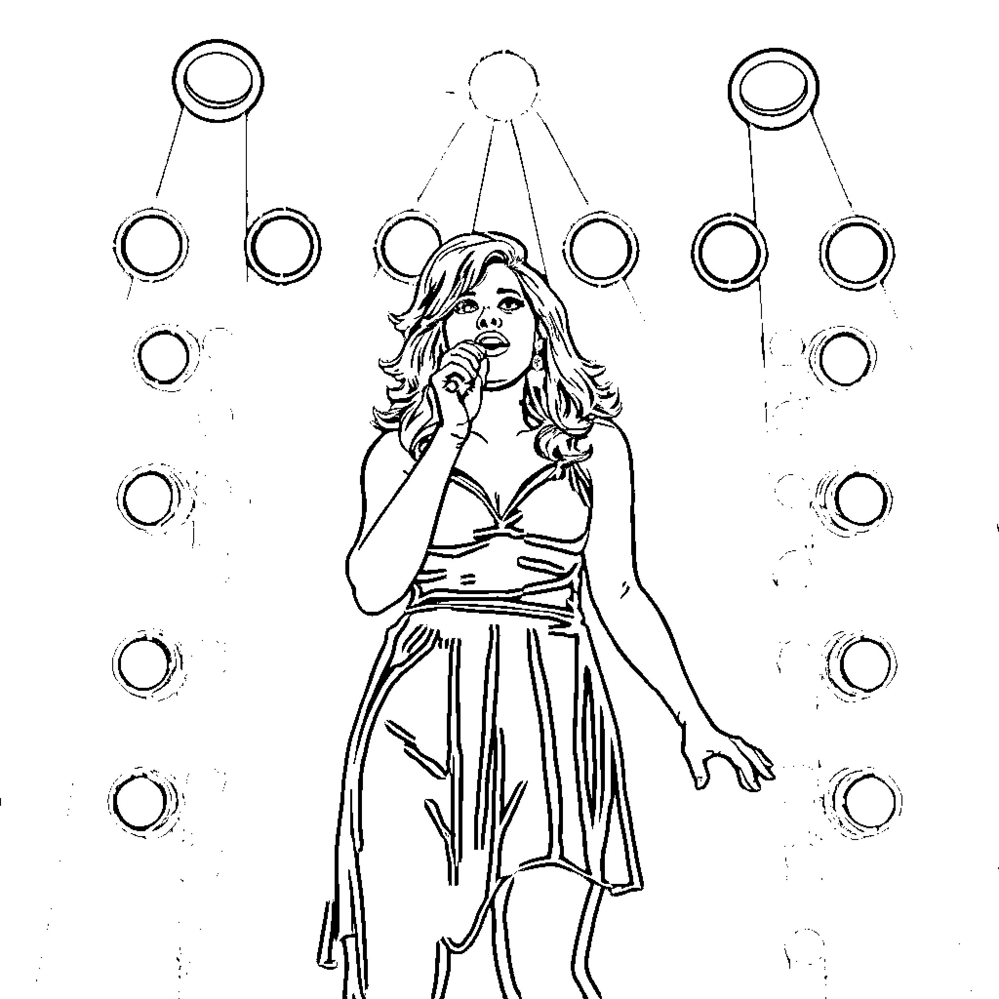 Tate McRae singing passionately on stage Coloring Page (free black-and-white line drawing printable PDF for all, from beginners to advanced learners, including children, teens, adults, and seniors)