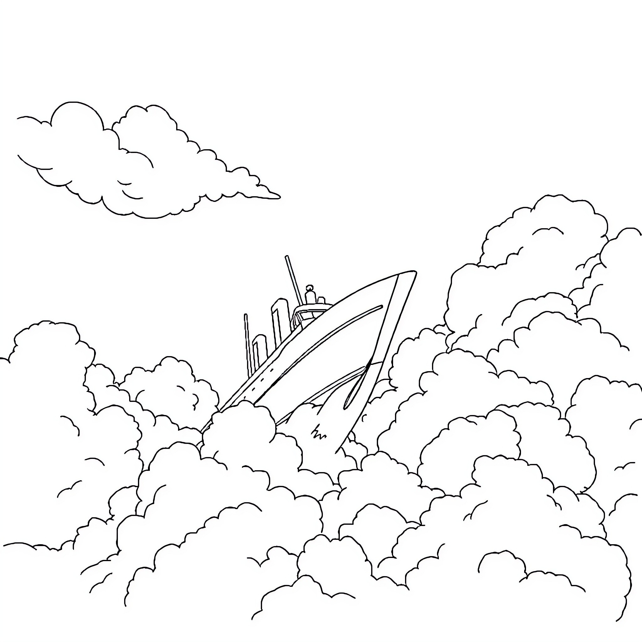 Ship sailing through stormy clouds Coloring Page (free black-and-white line drawing printable PDF for all, from beginners to advanced learners, including children, teens, adults, and seniors)