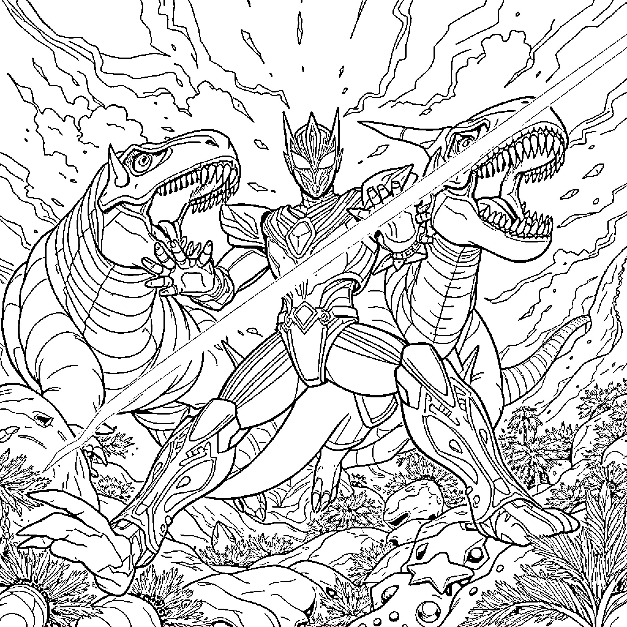 Ultraman battling fierce dinosaur creatures in a dramatic scene Coloring Page (free black-and-white line drawing printable PDF for all, from beginners to advanced learners, including children, teens, adults, and seniors)