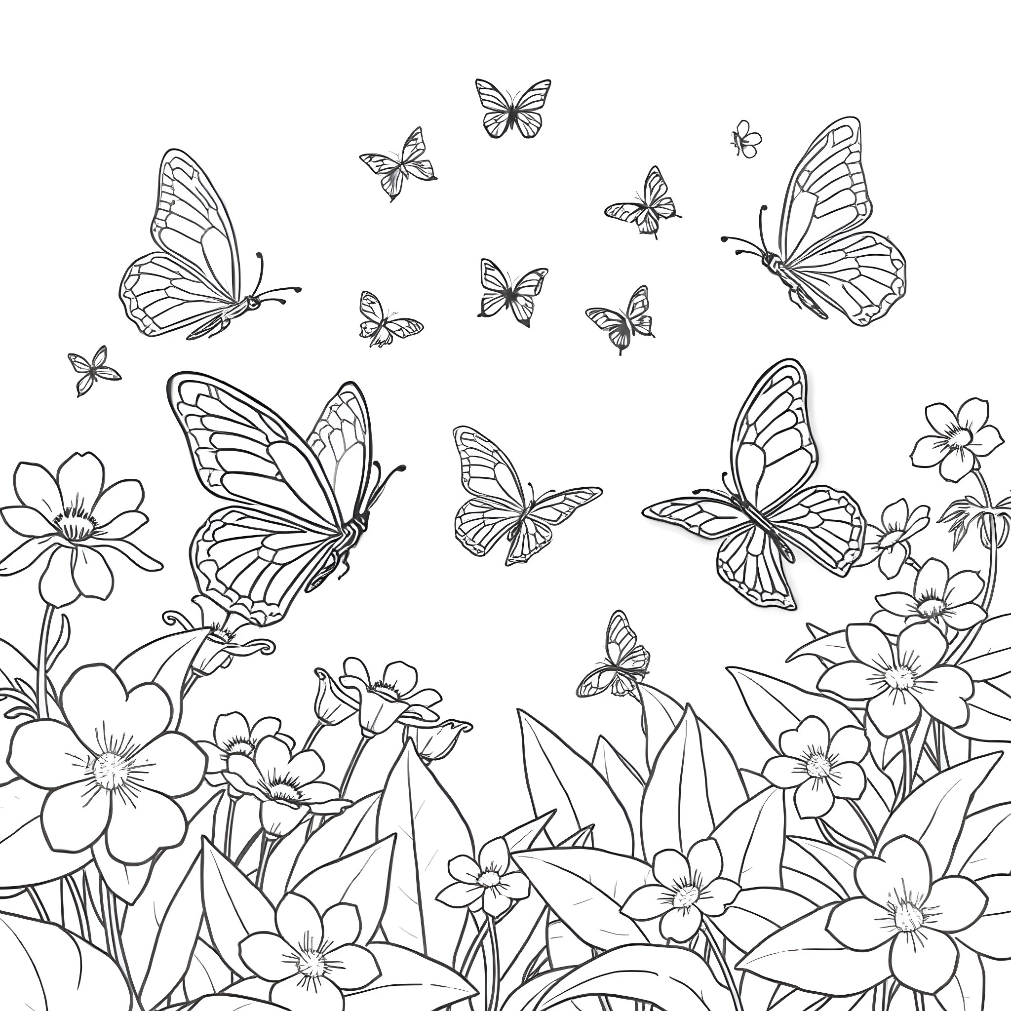 Butterfly Fluttering in a Garden of Flowers Coloring Page (free black-and-white line drawing printable PDF for all, from beginners to advanced learners, including children, teens, adults, and seniors)