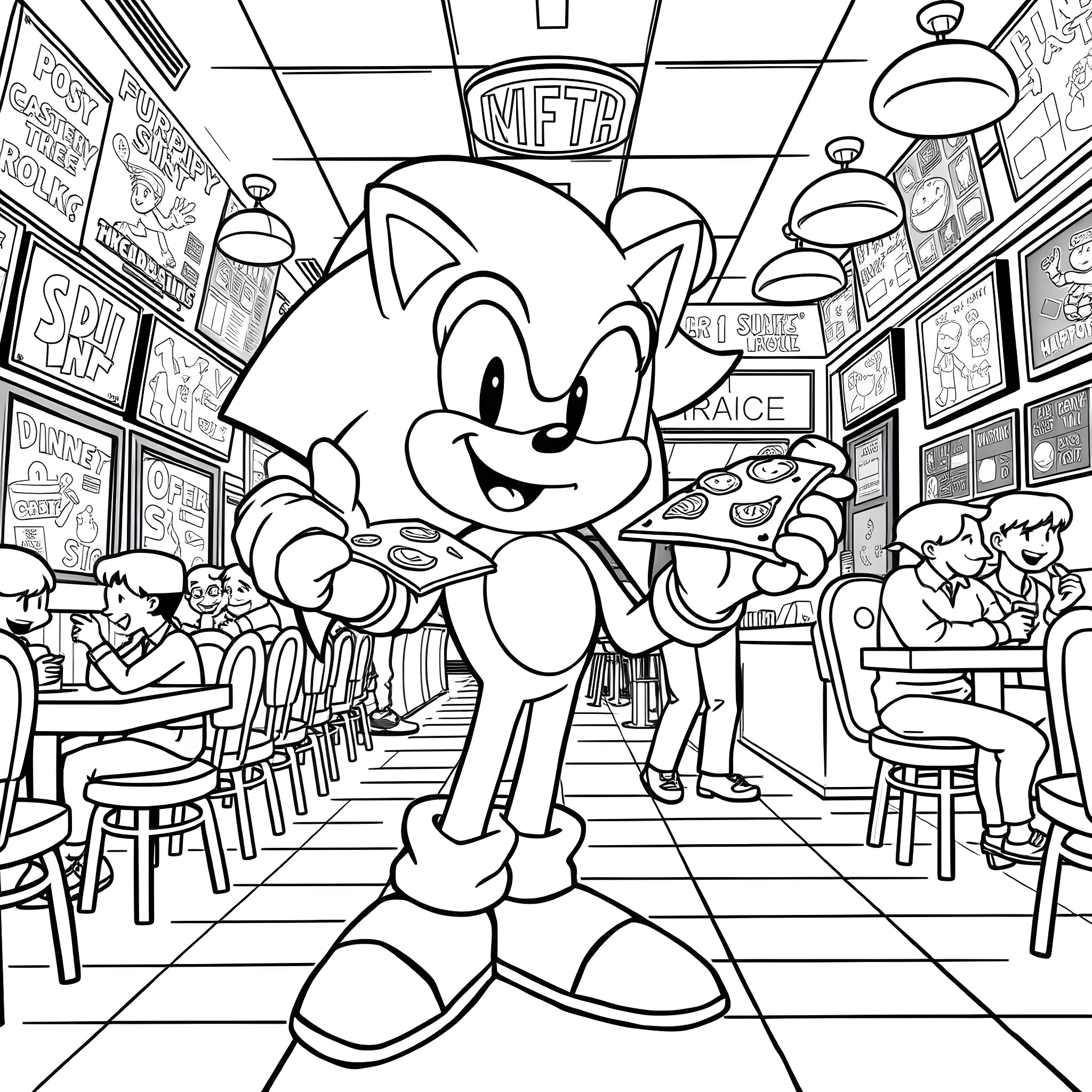 Sonic's Lively Diner Adventure Coloring Page (free black-and-white line drawing printable PDF for all, from beginners to advanced learners, including children, teens, adults, and seniors)