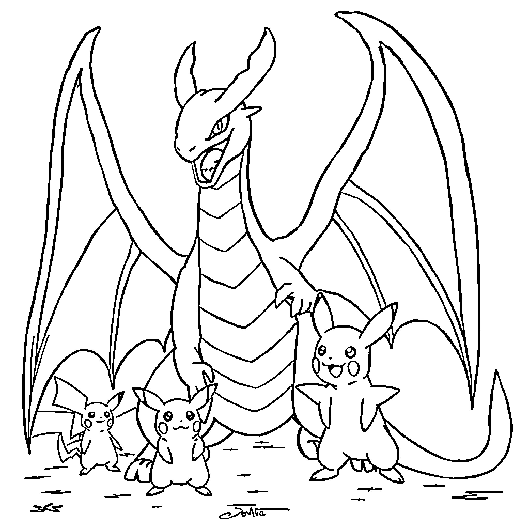 Dracaufeu with Pokemon companions in the wild Coloring Page (free black-and-white line drawing printable PDF for all, from beginners to advanced learners, including children, teens, adults, and seniors)
