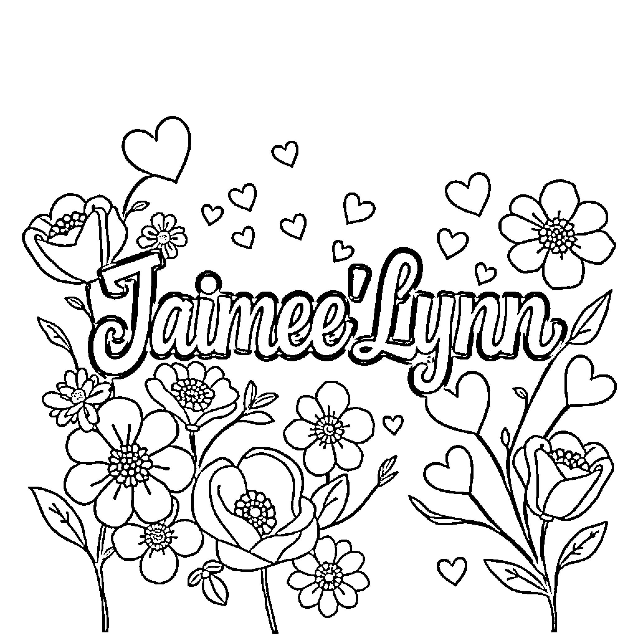 Flower art with hearts and names Coloring Page (free black-and-white line drawing printable PDF for all, from beginners to advanced learners, including children, teens, adults, and seniors)