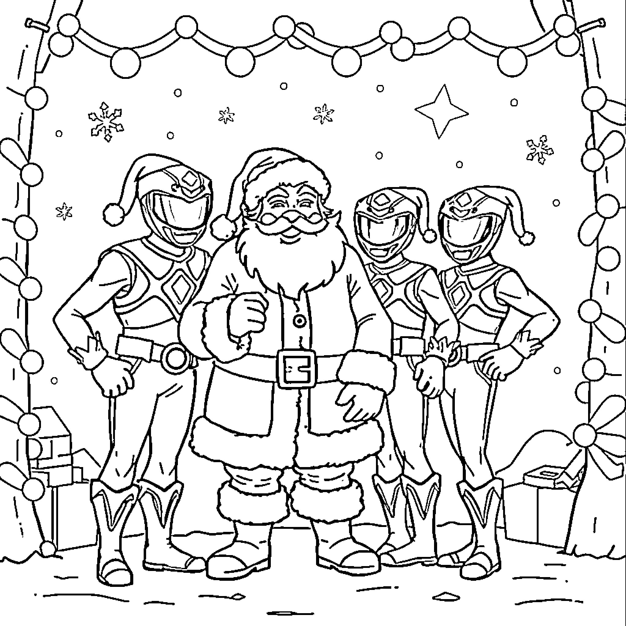 Dino Fury Power Rangers celebrate Christmas with Santa Coloring Page (free black-and-white line drawing printable PDF for all, from beginners to advanced learners, including children, teens, adults, and seniors)
