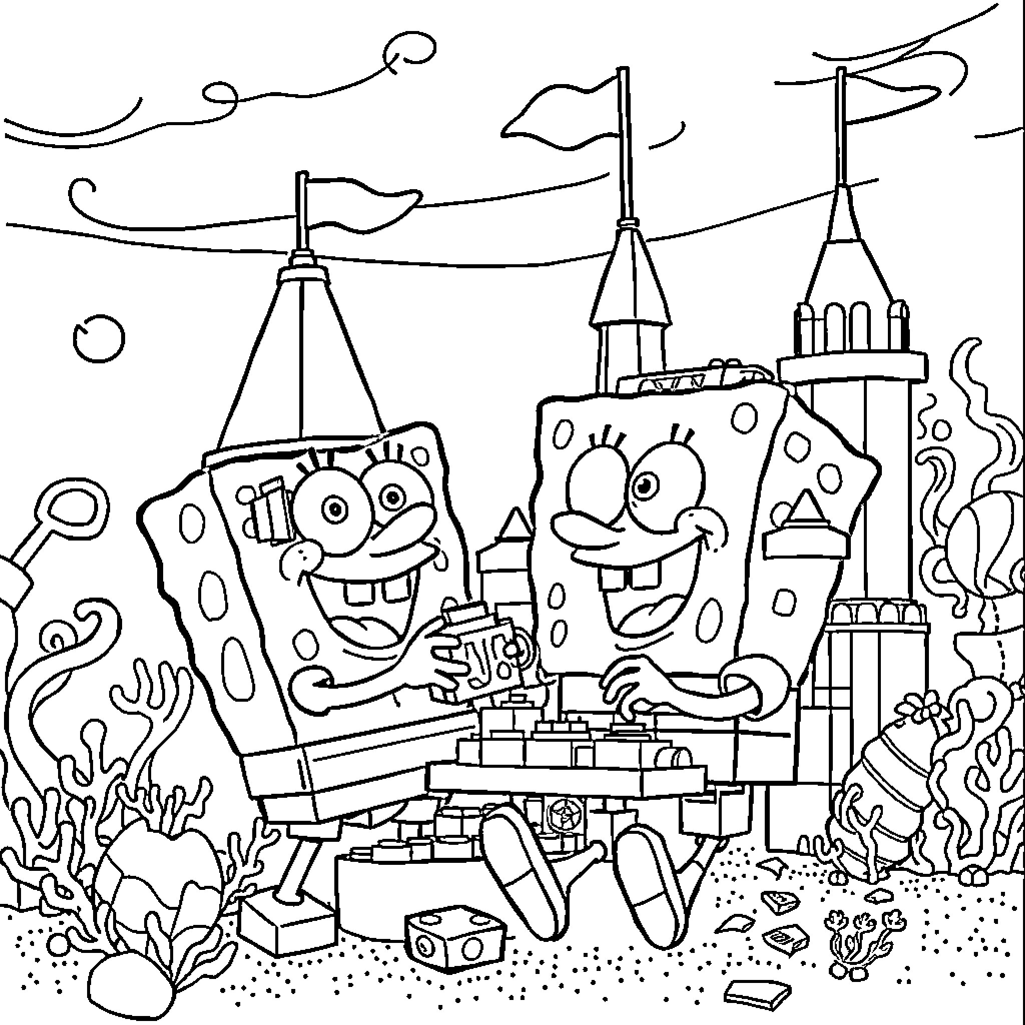 Spongebob and Patrick at an underwater carnival Coloring Page (free black-and-white line drawing printable PDF for all, from beginners to advanced learners, including children, teens, adults, and seniors)