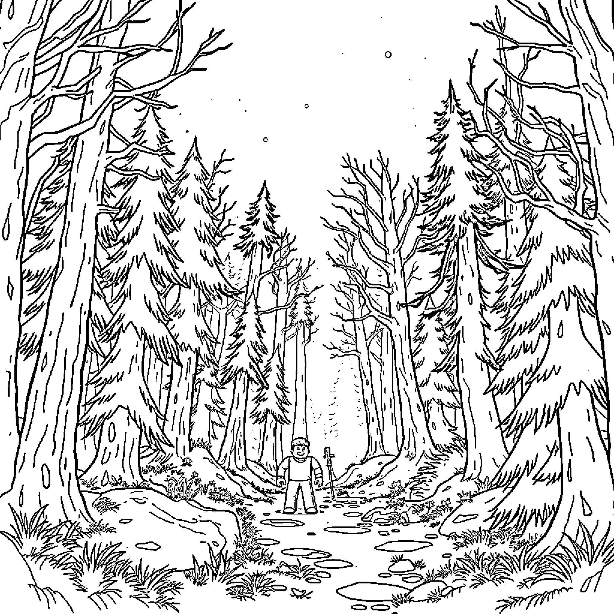 Roblox characters exploring a winter forest scene Coloring Page (free black-and-white line drawing printable PDF for all, from beginners to advanced learners, including children, teens, adults, and seniors)