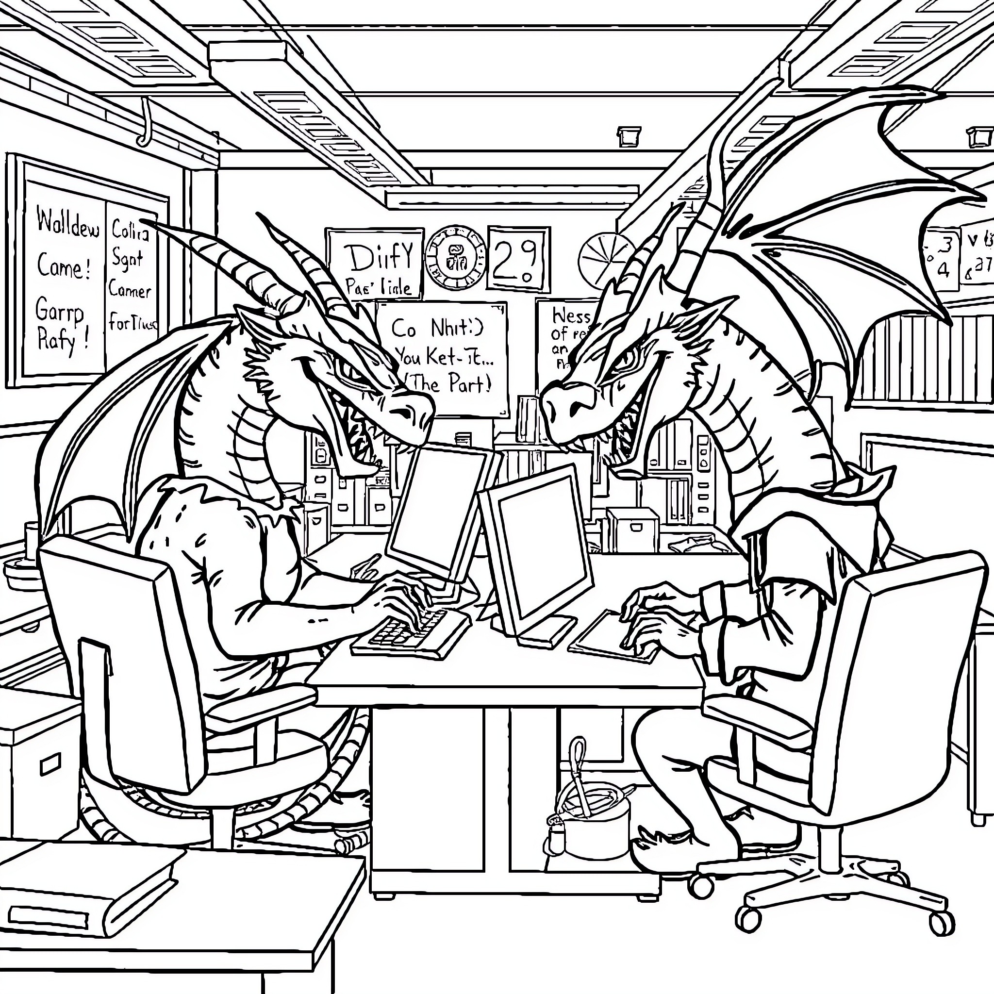Dragon co-workers collaborating in an office environment Coloring Page (free black-and-white line drawing printable PDF for all, from beginners to advanced learners, including children, teens, adults, and seniors)