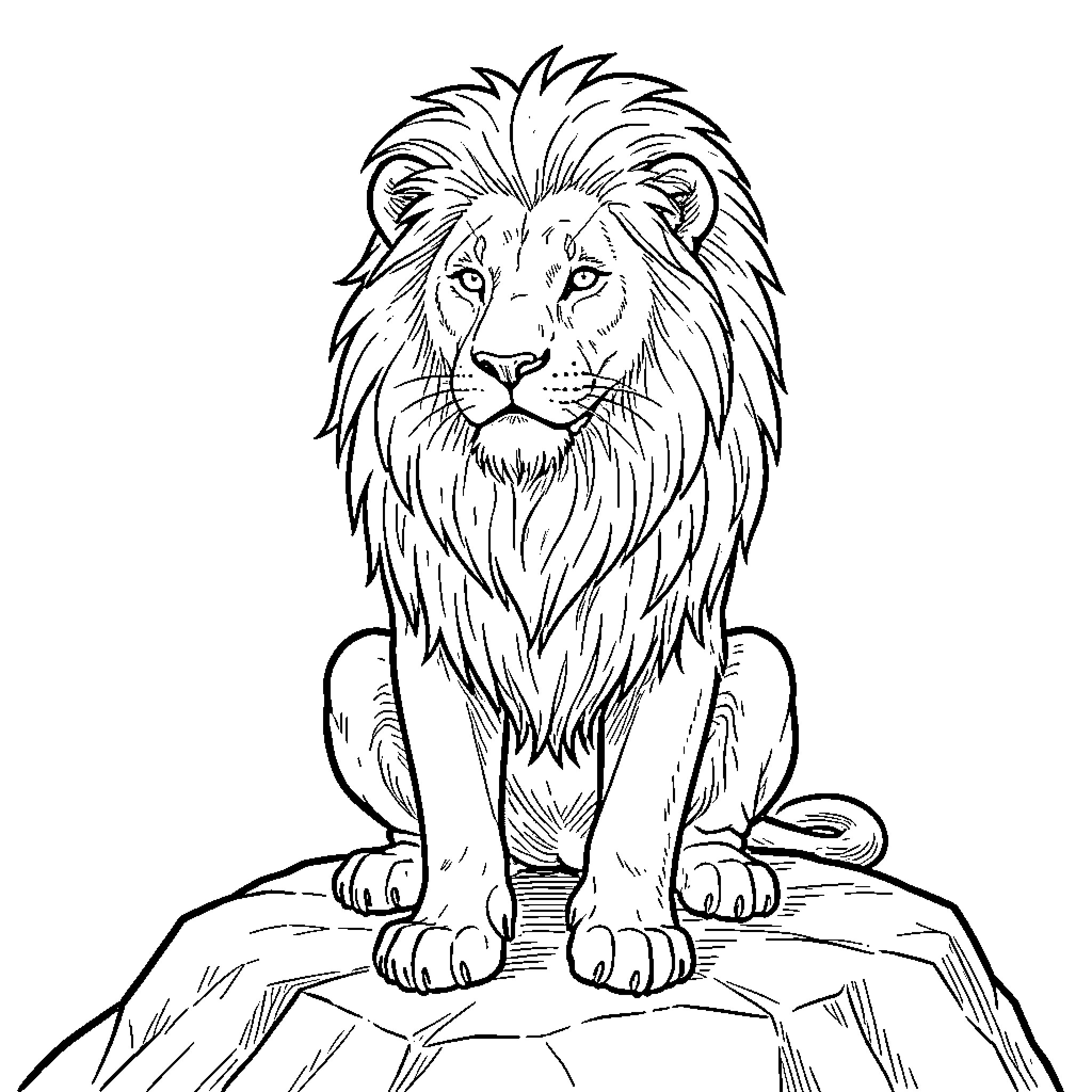 Lion sitting majestically on rocky outcrop Coloring Page (free black-and-white line drawing printable PDF for all, from beginners to advanced learners, including children, teens, adults, and seniors)