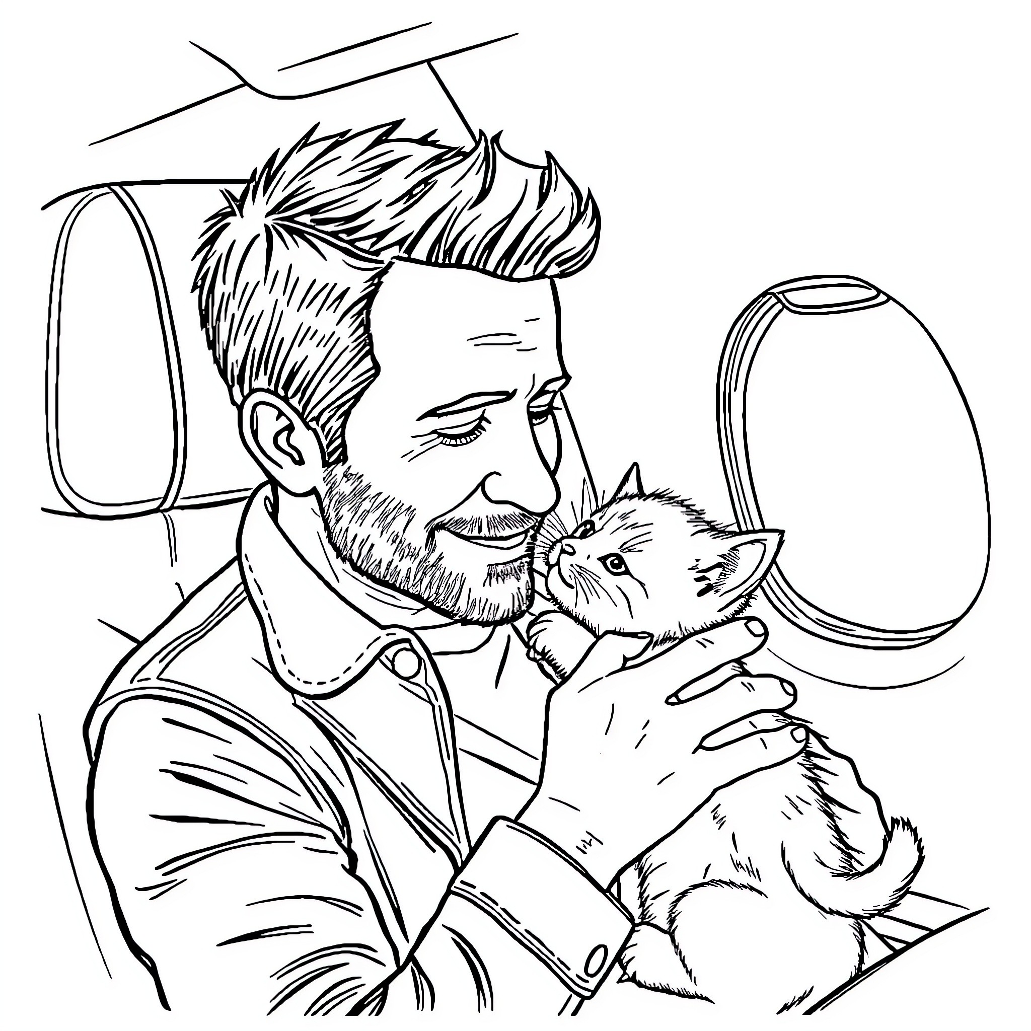 Ryan Reynolds cuddling with a pet in a car Coloring Page (free black-and-white line drawing printable PDF for all, from beginners to advanced learners, including children, teens, adults, and seniors)