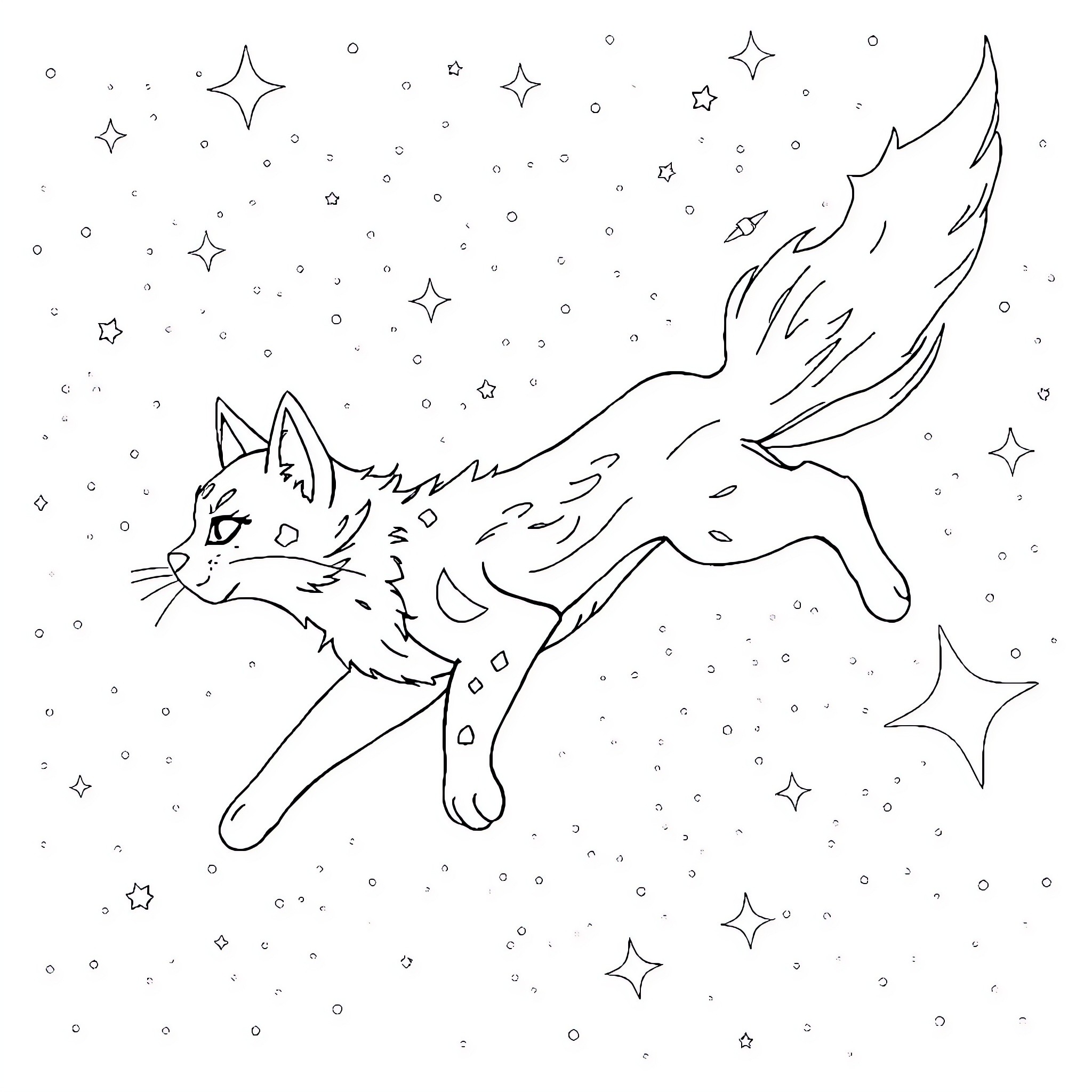 Fire Star Soaring Through Starry Night Sky Coloring Page (free black-and-white line drawing printable PDF for all, from beginners to advanced learners, including children, teens, adults, and seniors)