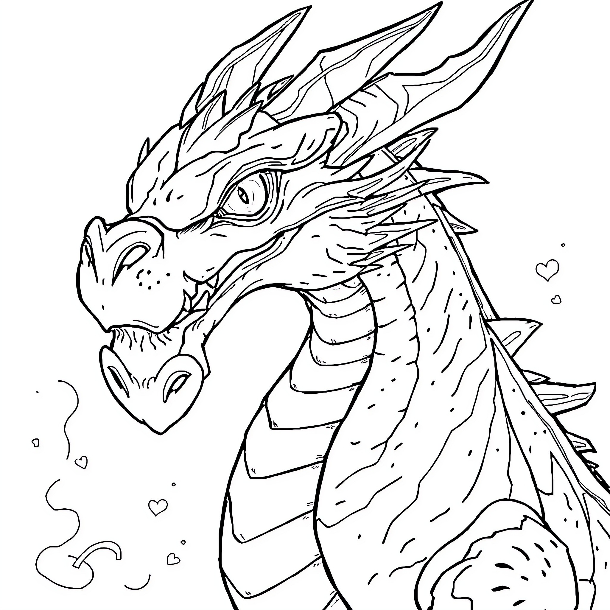 Dragon with intricate spines and fierce expression Coloring Page (free black-and-white line drawing printable PDF for all, from beginners to advanced learners, including children, teens, adults, and seniors)
