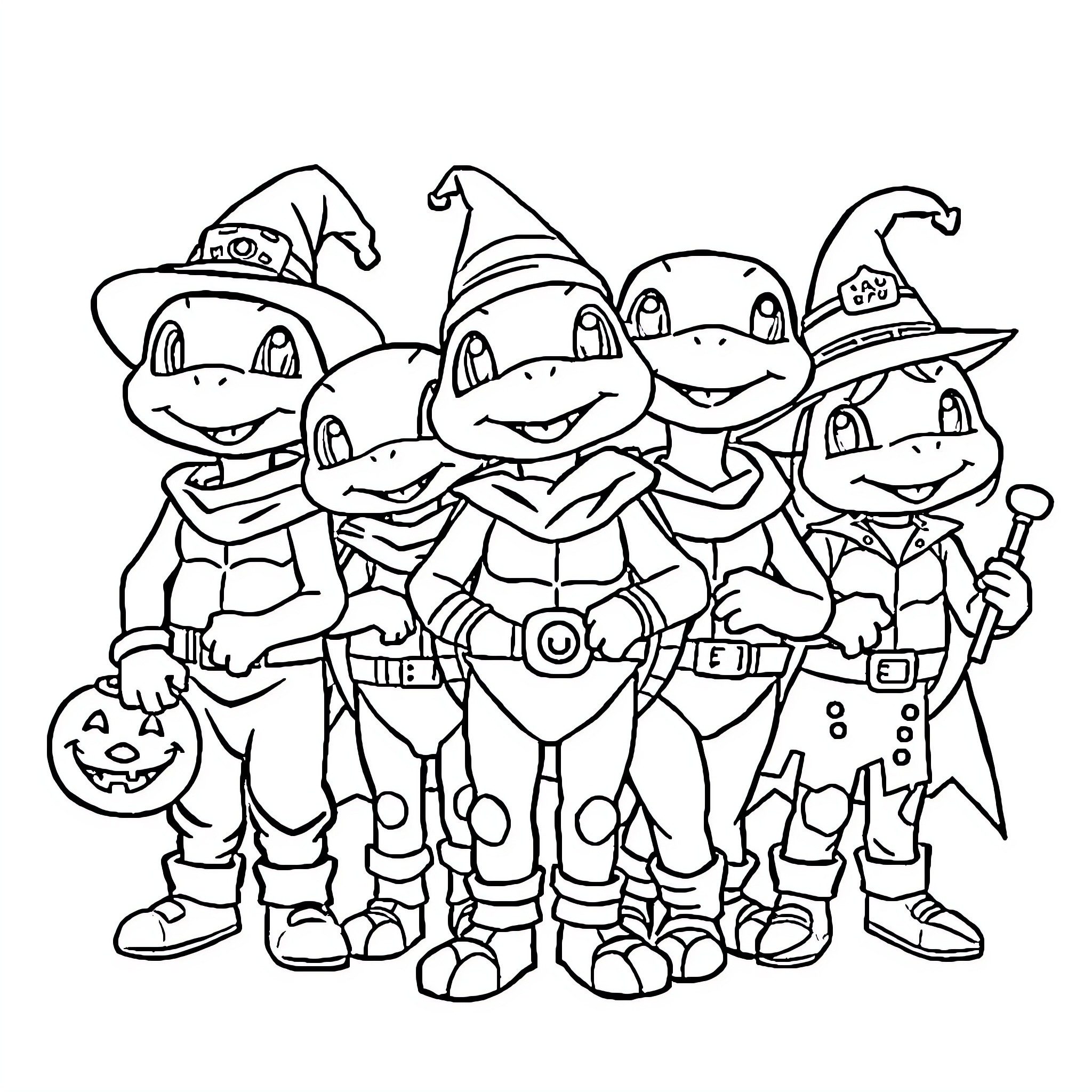 Squirtle and friends celebrating Halloween Coloring Page (free black-and-white line drawing printable PDF for all, from beginners to advanced learners, including children, teens, adults, and seniors)