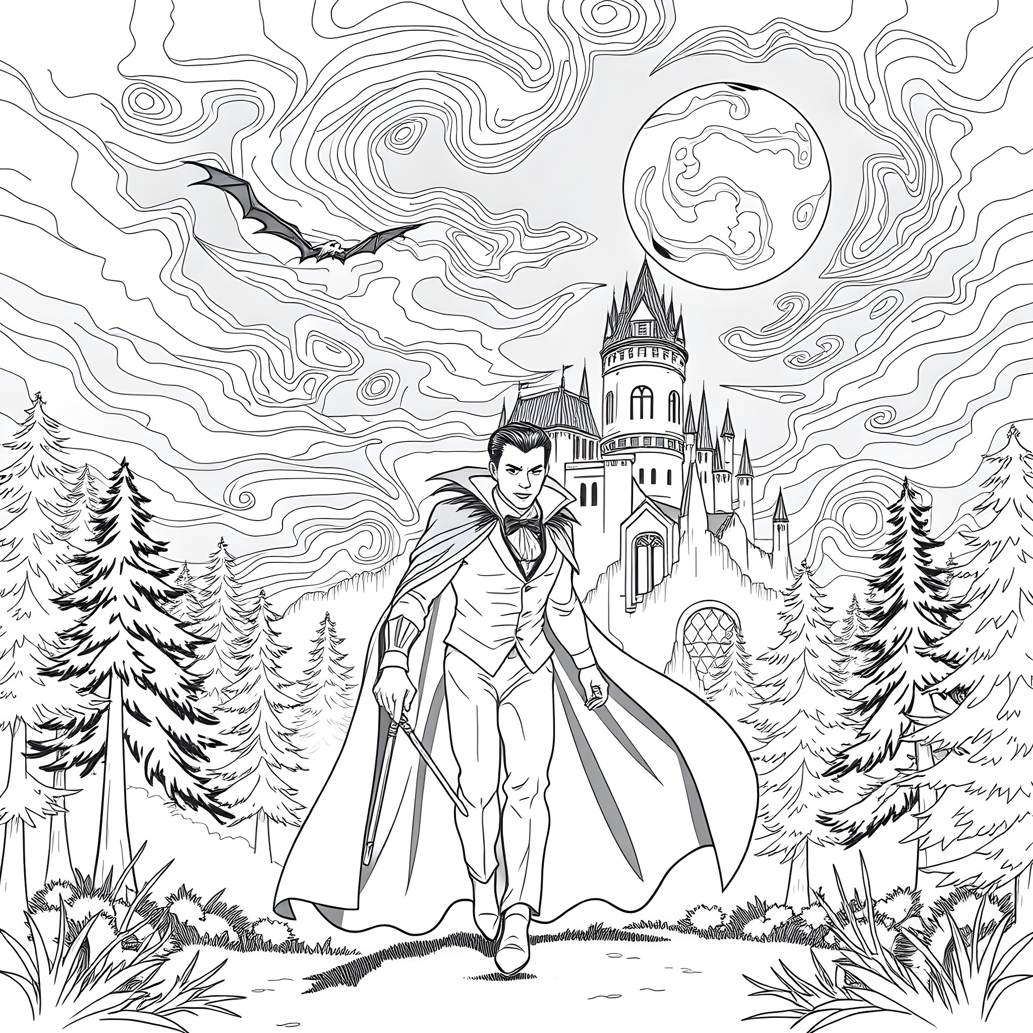 Dracula and his Haunting Castle in the Night Coloring Page (free black-and-white line drawing printable PDF for all, from beginners to advanced learners, including children, teens, adults, and seniors)
