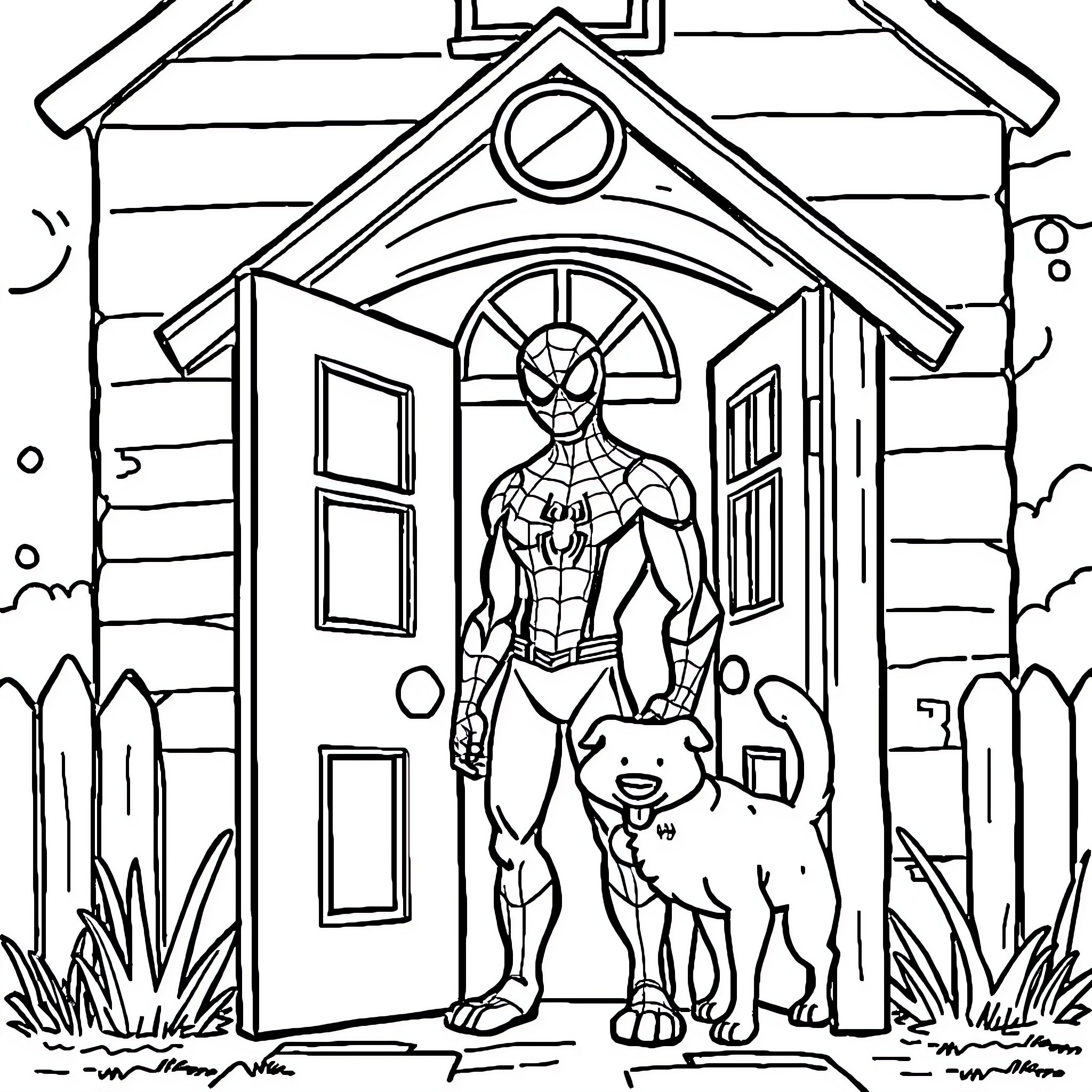 Spiderman standing outside a log cabin with a dog Coloring Page (free black-and-white line drawing printable PDF for all, from beginners to advanced learners, including children, teens, adults, and seniors)