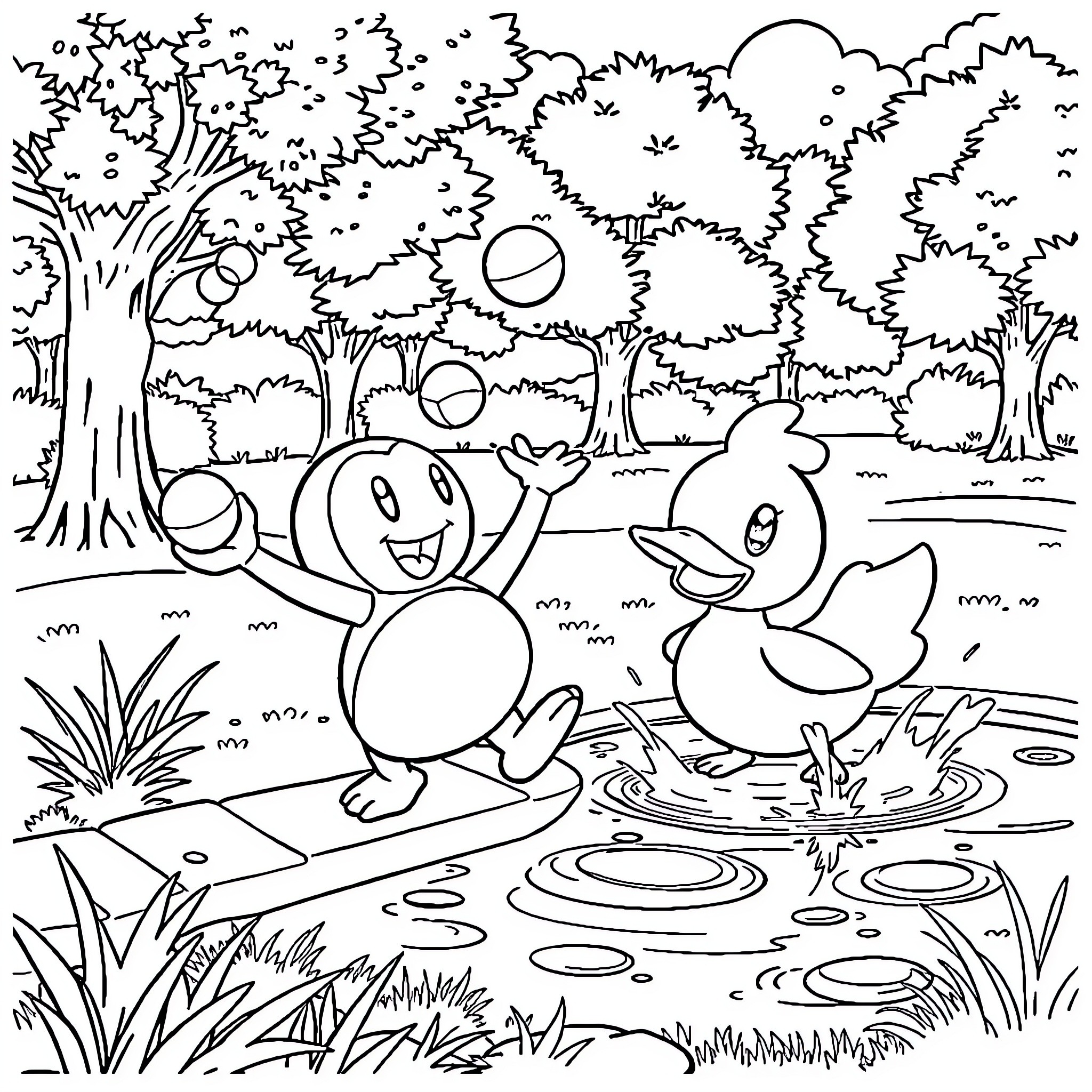 Pokémon playing happily in the forest Coloring Page (free black-and-white line drawing printable PDF for all, from beginners to advanced learners, including children, teens, adults, and seniors)
