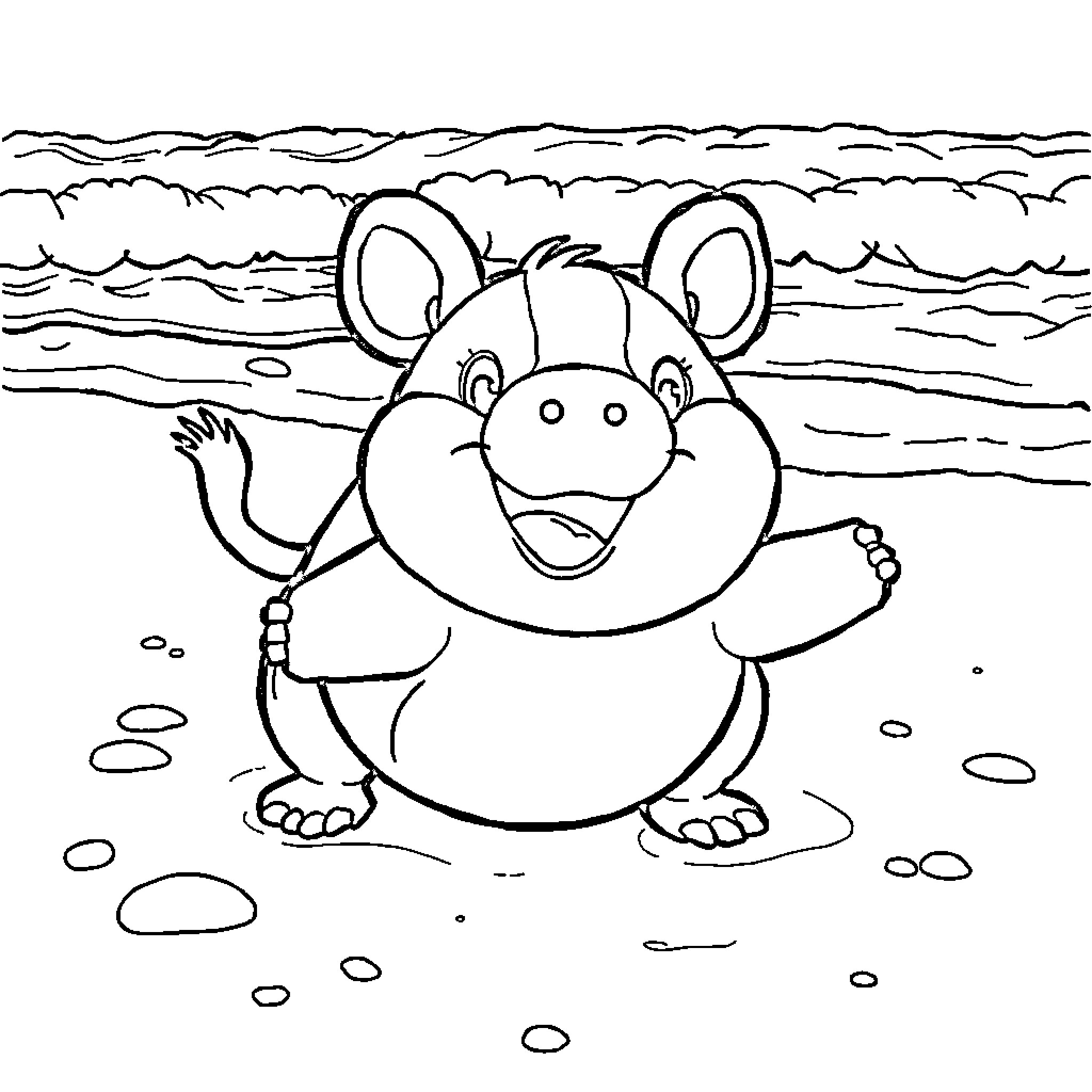 Lechonk happily swimming in the ocean Coloring Page (free black-and-white line drawing printable PDF for all, from beginners to advanced learners, including children, teens, adults, and seniors)