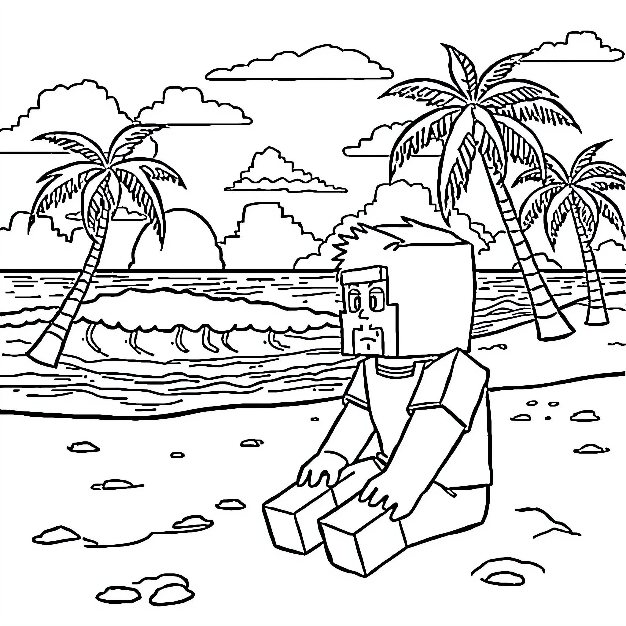 Steve's tropical island adventure Coloring Page (free black-and-white line drawing printable PDF for all, from beginners to advanced learners, including children, teens, adults, and seniors)