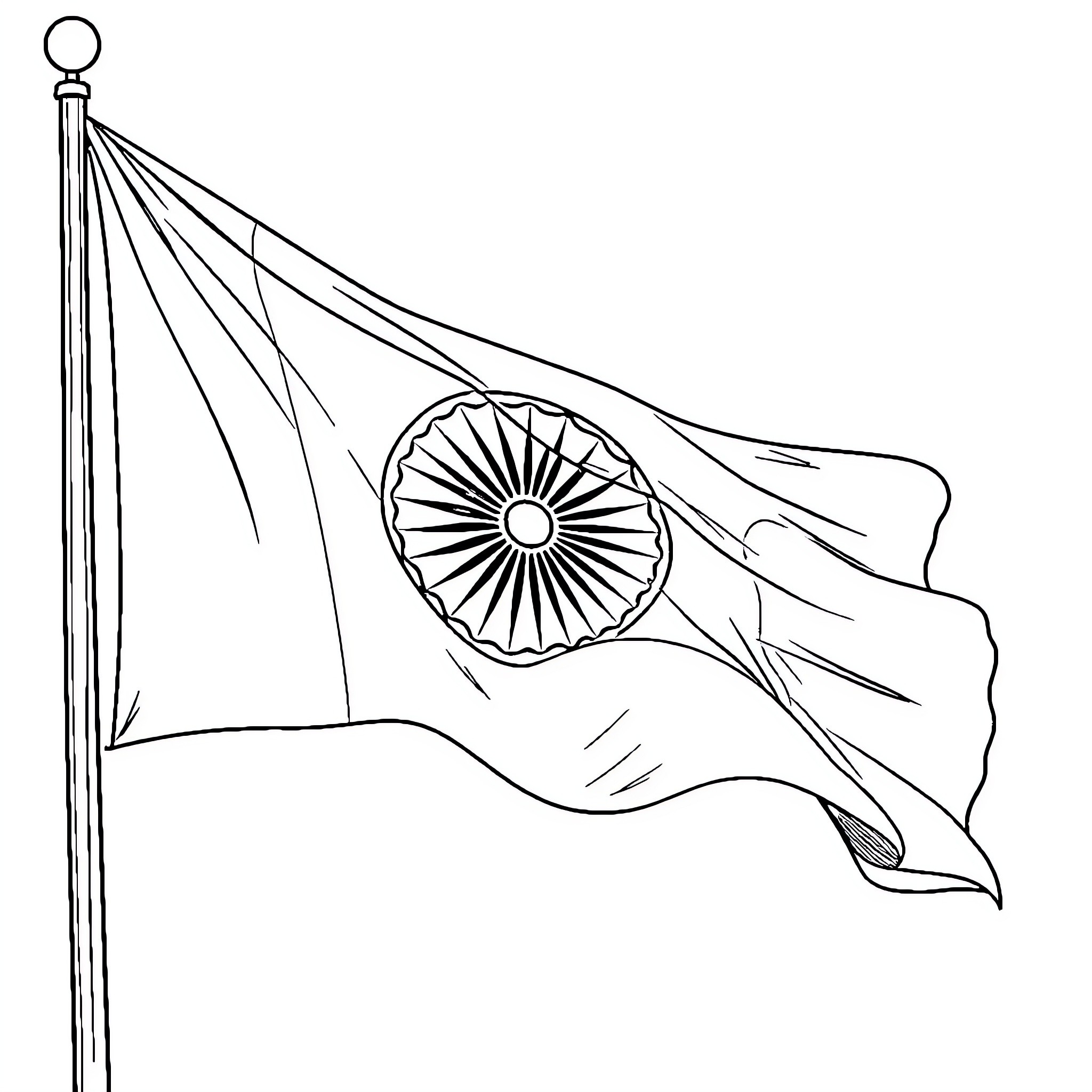 Indian Flag waving with pride Coloring Page (free black-and-white line drawing printable PDF for all, from beginners to advanced learners, including children, teens, adults, and seniors)