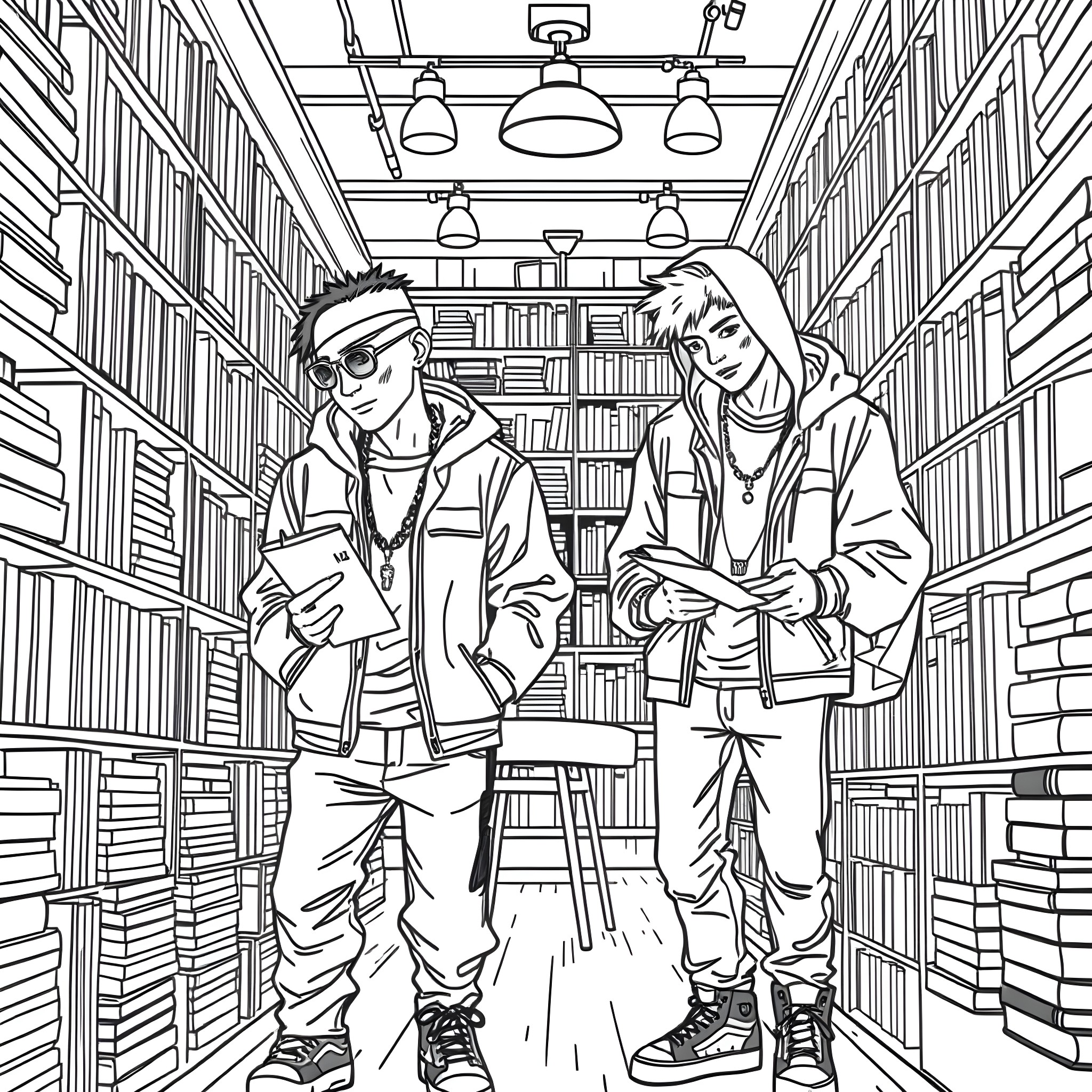 Teen Guys Exploring the Library Coloring Page (free black-and-white line drawing printable PDF for all, from beginners to advanced learners, including children, teens, adults, and seniors)