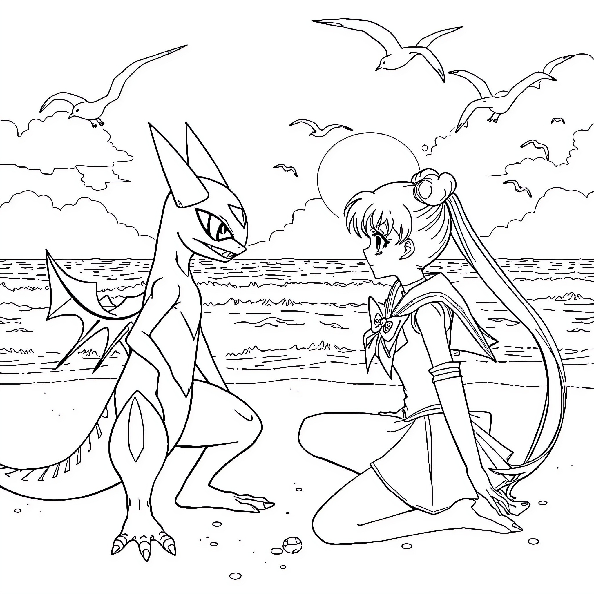 Greninja Encounters a Mysterious Figure by the Sea Coloring Page (free black-and-white line drawing printable PDF for all, from beginners to advanced learners, including children, teens, adults, and seniors)