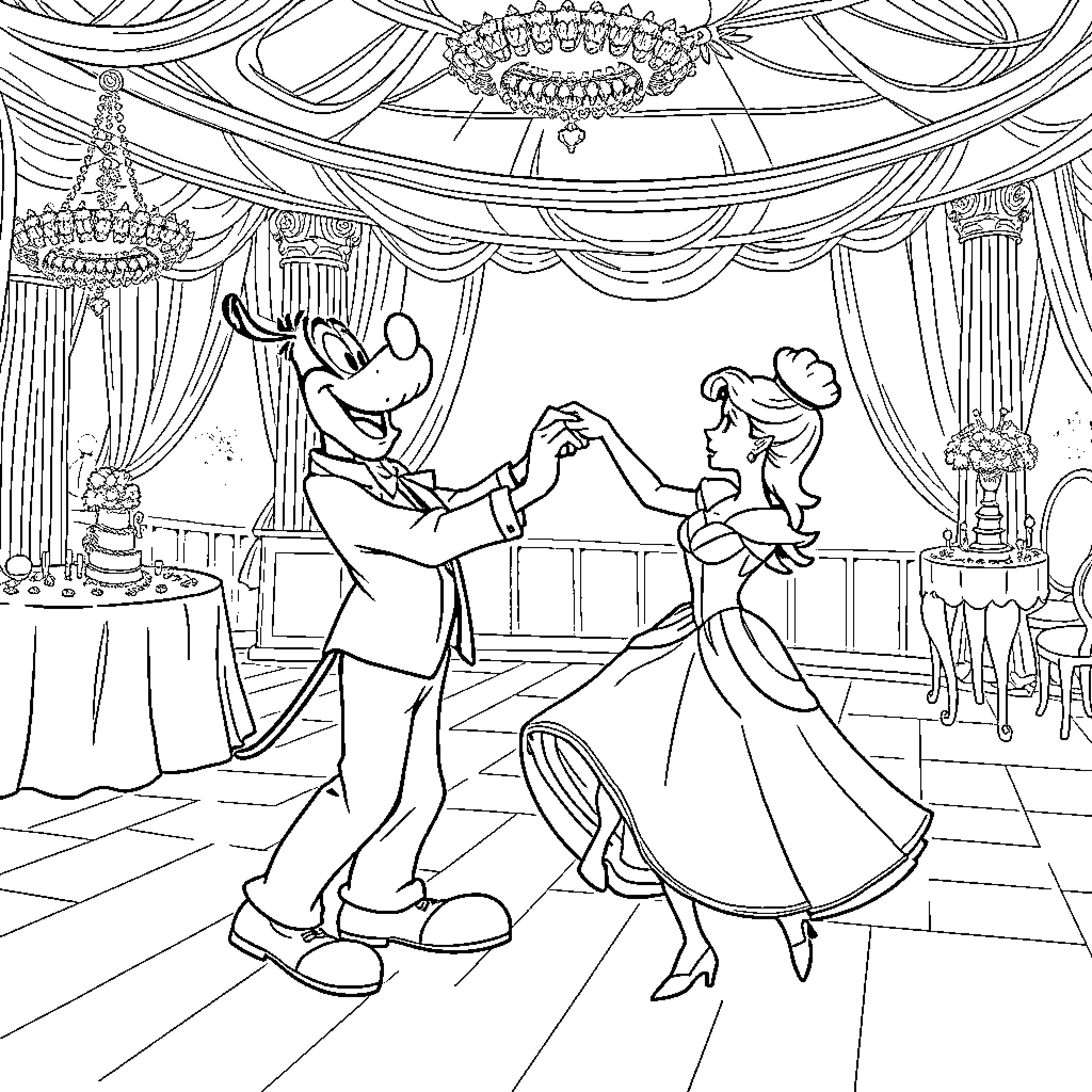 Goofy characters dancing at a formal event Coloring Page (free black-and-white line drawing printable PDF for all, from beginners to advanced learners, including children, teens, adults, and seniors)