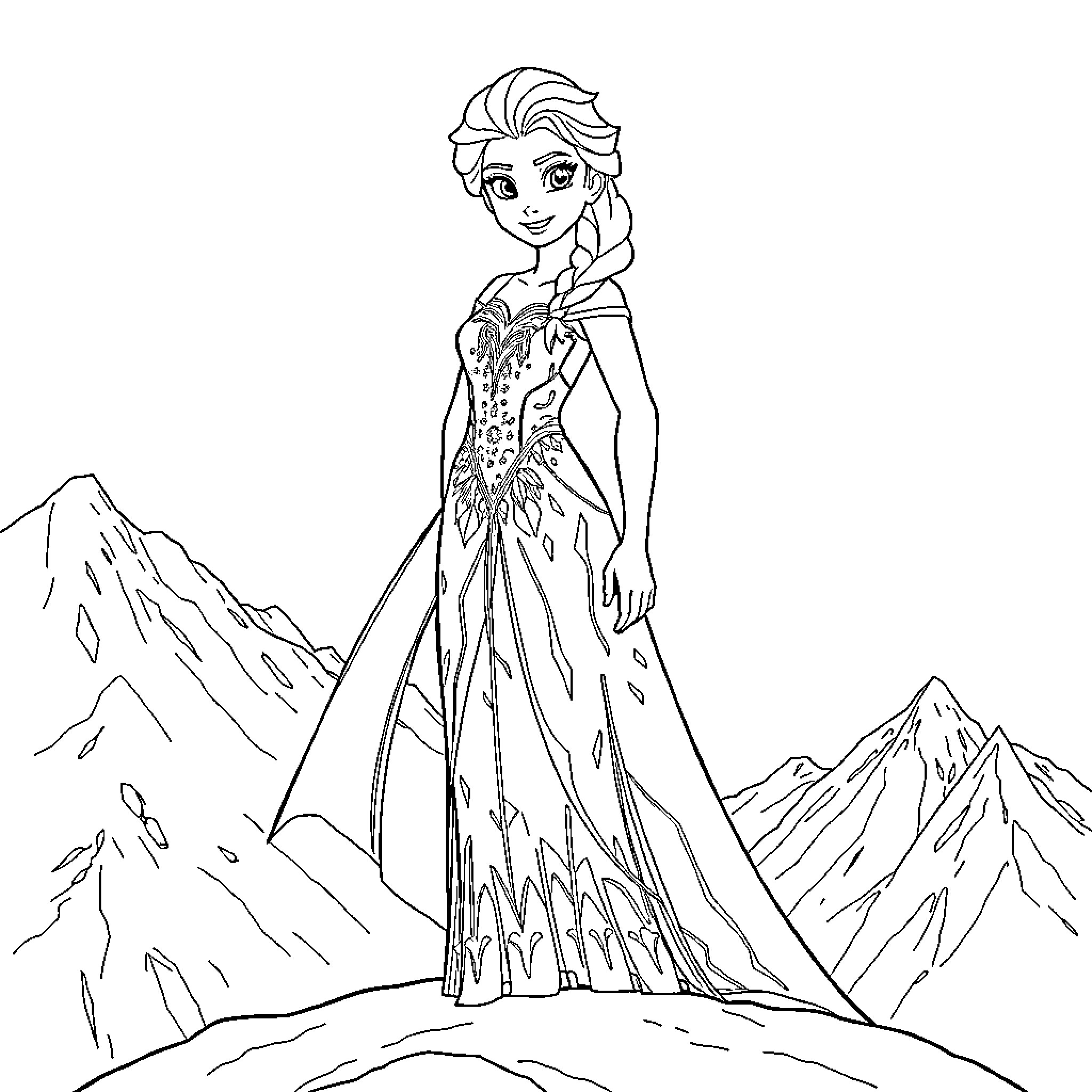 Elsa's Icy Adventure in the Snowy Mountains Coloring Page (free black-and-white line drawing printable PDF for all, from beginners to advanced learners, including children, teens, adults, and seniors)