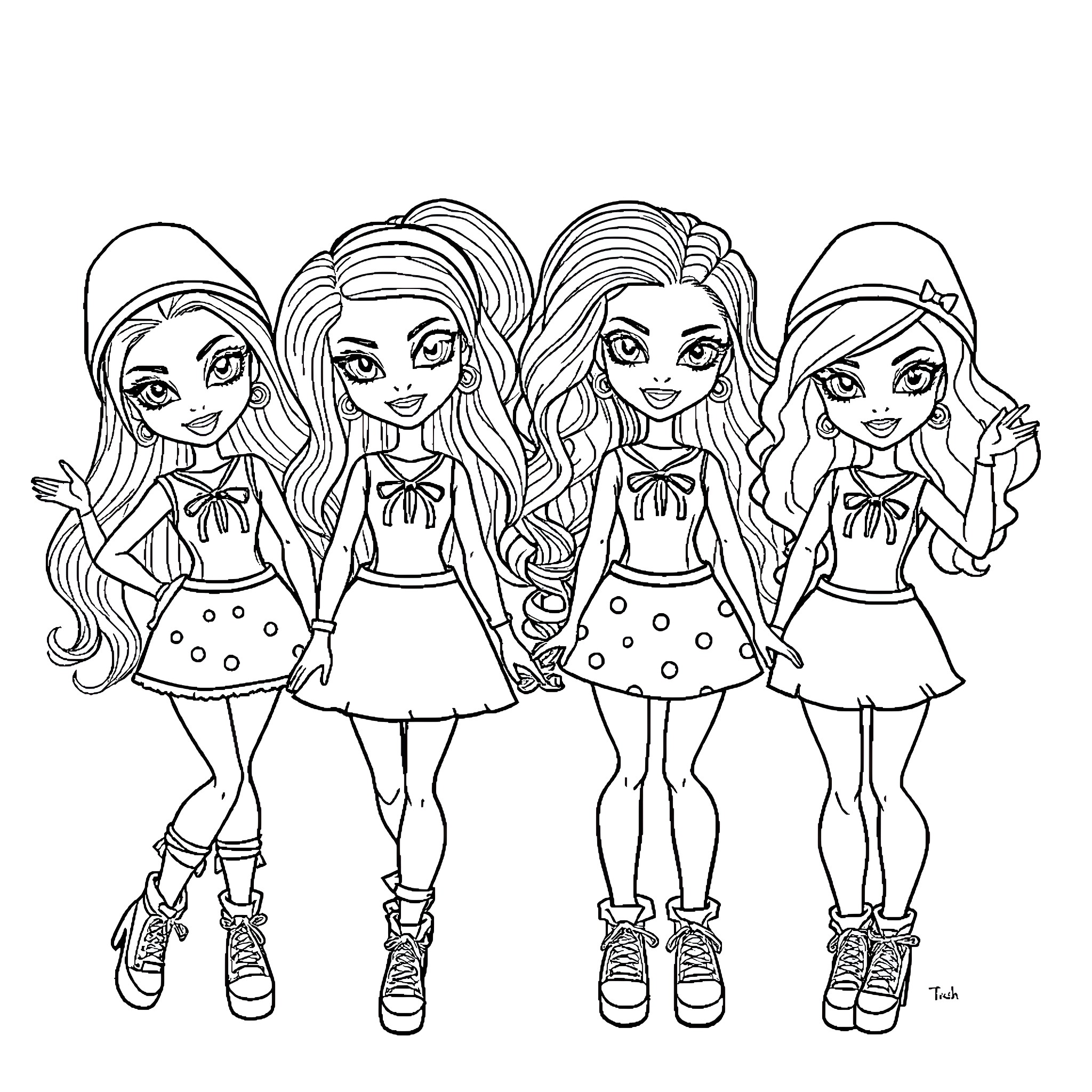 Bratz Dolls Posing in Fashionable Outfits Coloring Page (free black-and-white line drawing printable PDF for all, from beginners to advanced learners, including children, teens, adults, and seniors)