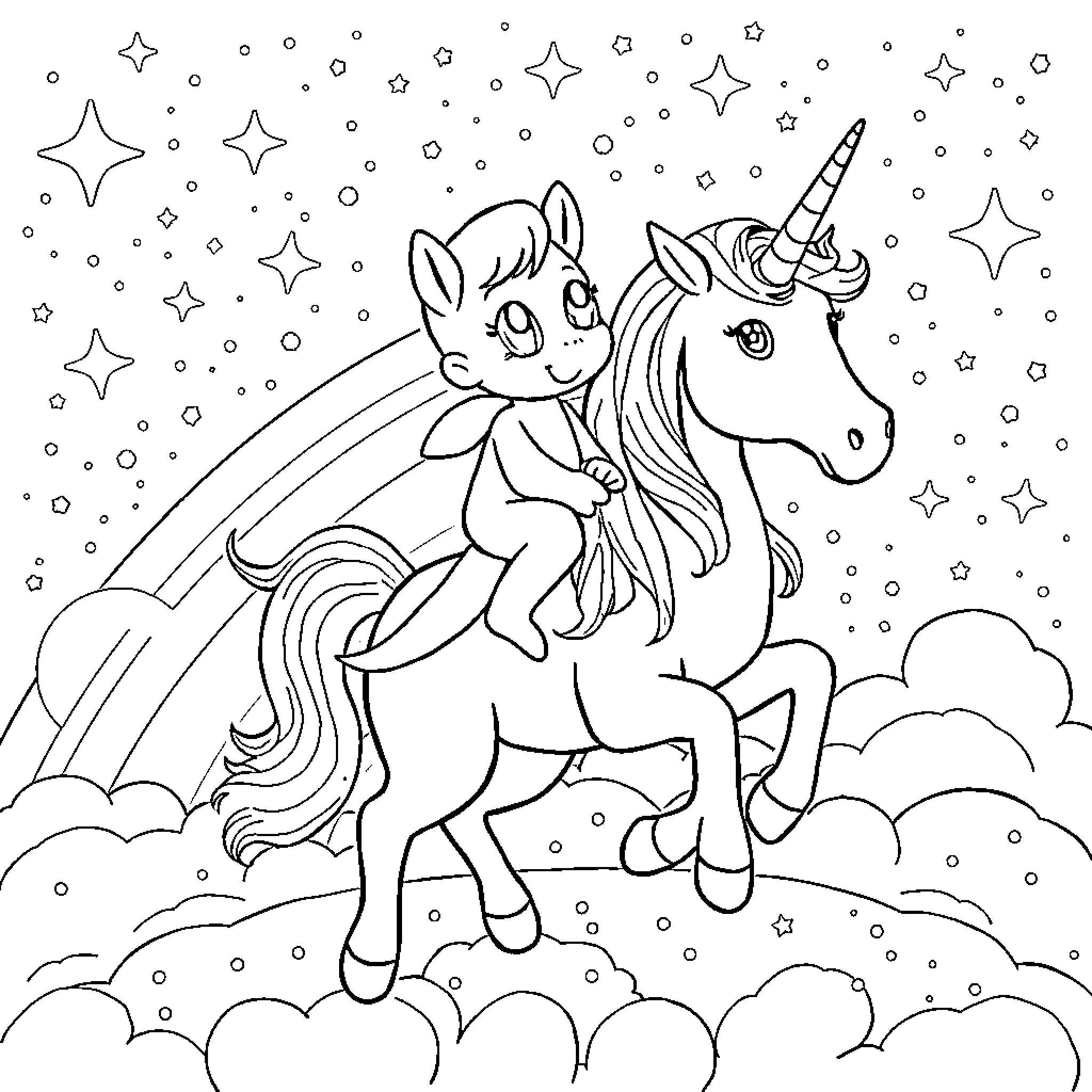 Bluey's Magical Unicorn Adventure Coloring Page (free black-and-white line drawing printable PDF for all, from beginners to advanced learners, including children, teens, adults, and seniors)