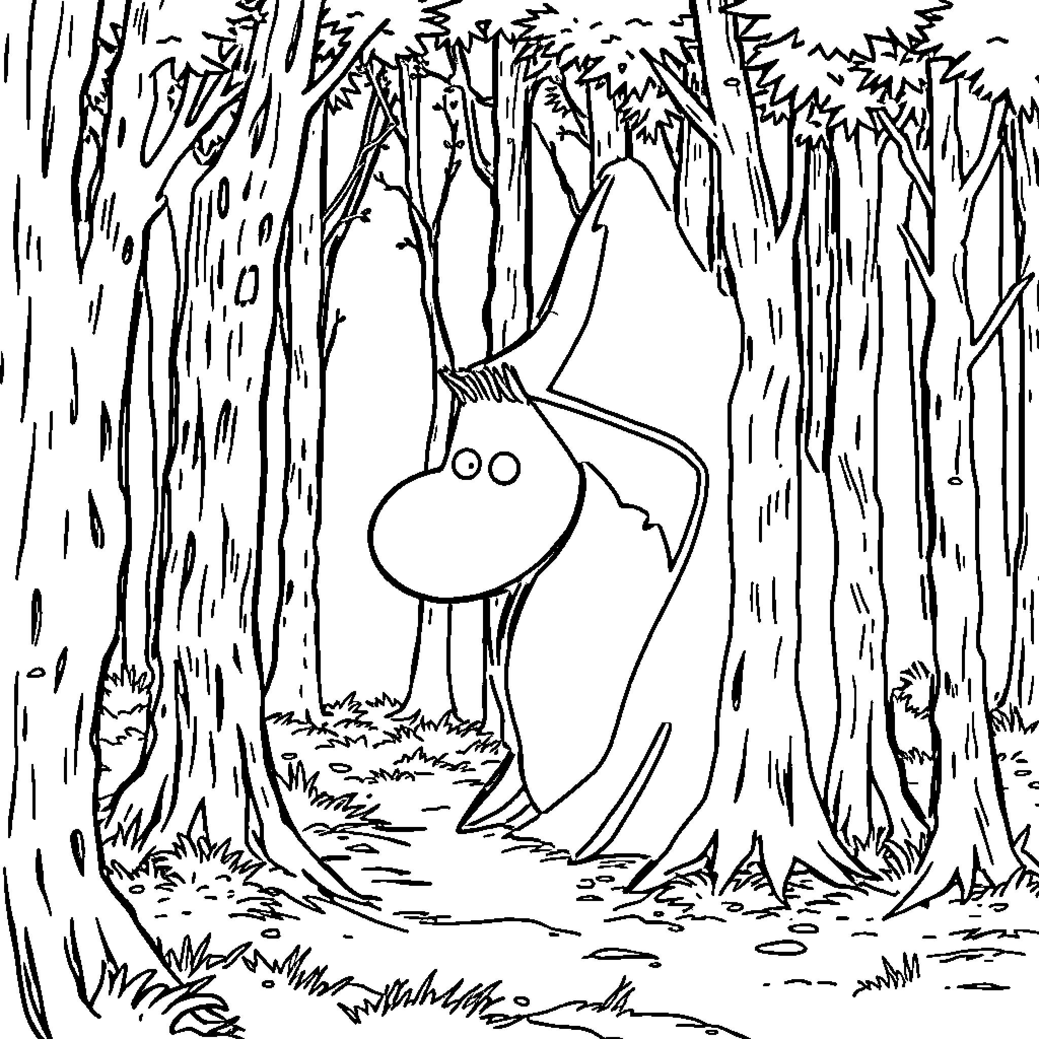Groke lurking in the mysterious forest Coloring Page (free black-and-white line drawing printable PDF for all, from beginners to advanced learners, including children, teens, adults, and seniors)