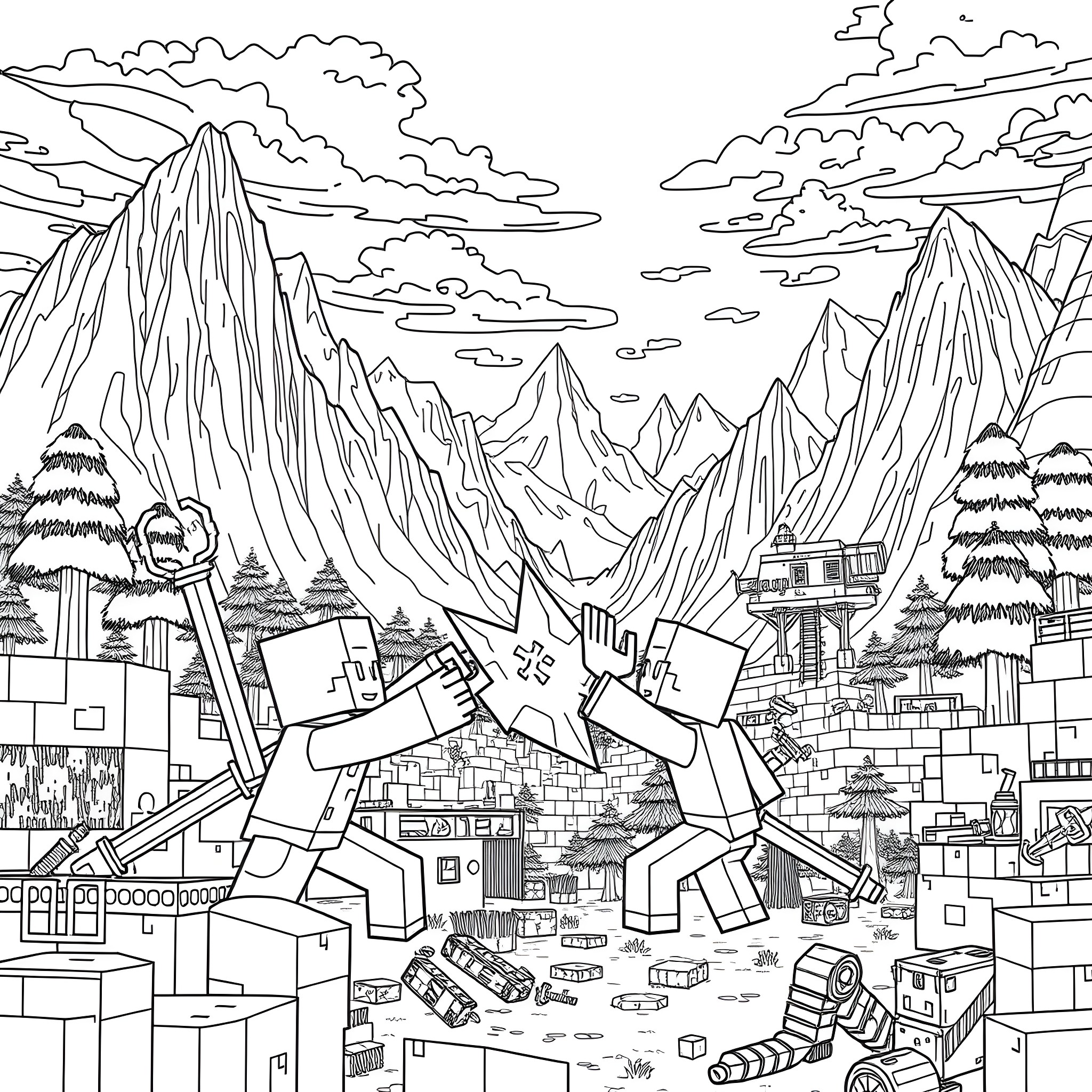 Minecraft Character Exploring Rugged Mountainous Landscape Coloring Page (free black-and-white line drawing printable PDF for all, from beginners to advanced learners, including children, teens, adults, and seniors)
