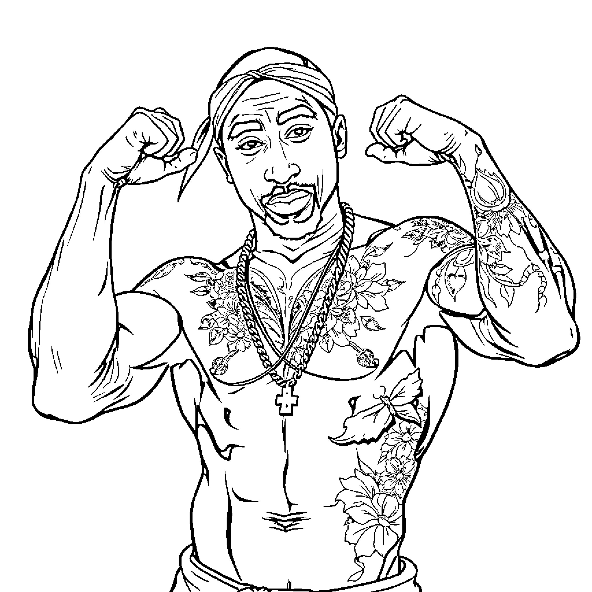 2pac expressing strength and confidence Coloring Page (free black-and-white line drawing printable PDF for all, from beginners to advanced learners, including children, teens, adults, and seniors)