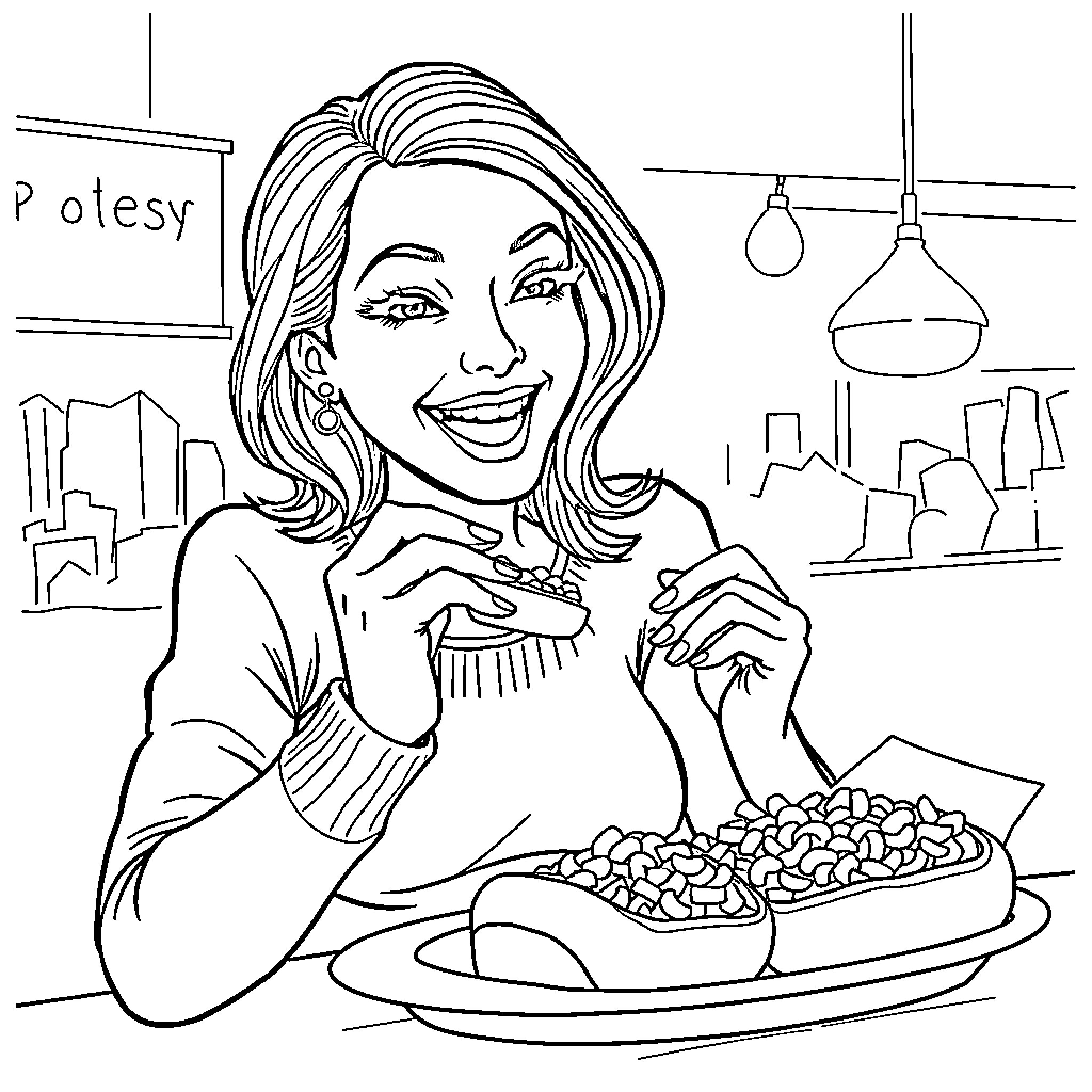Lady Enjoying a Tasty Snack in the City Coloring Page (free black-and-white line drawing printable PDF for all, from beginners to advanced learners, including children, teens, adults, and seniors)