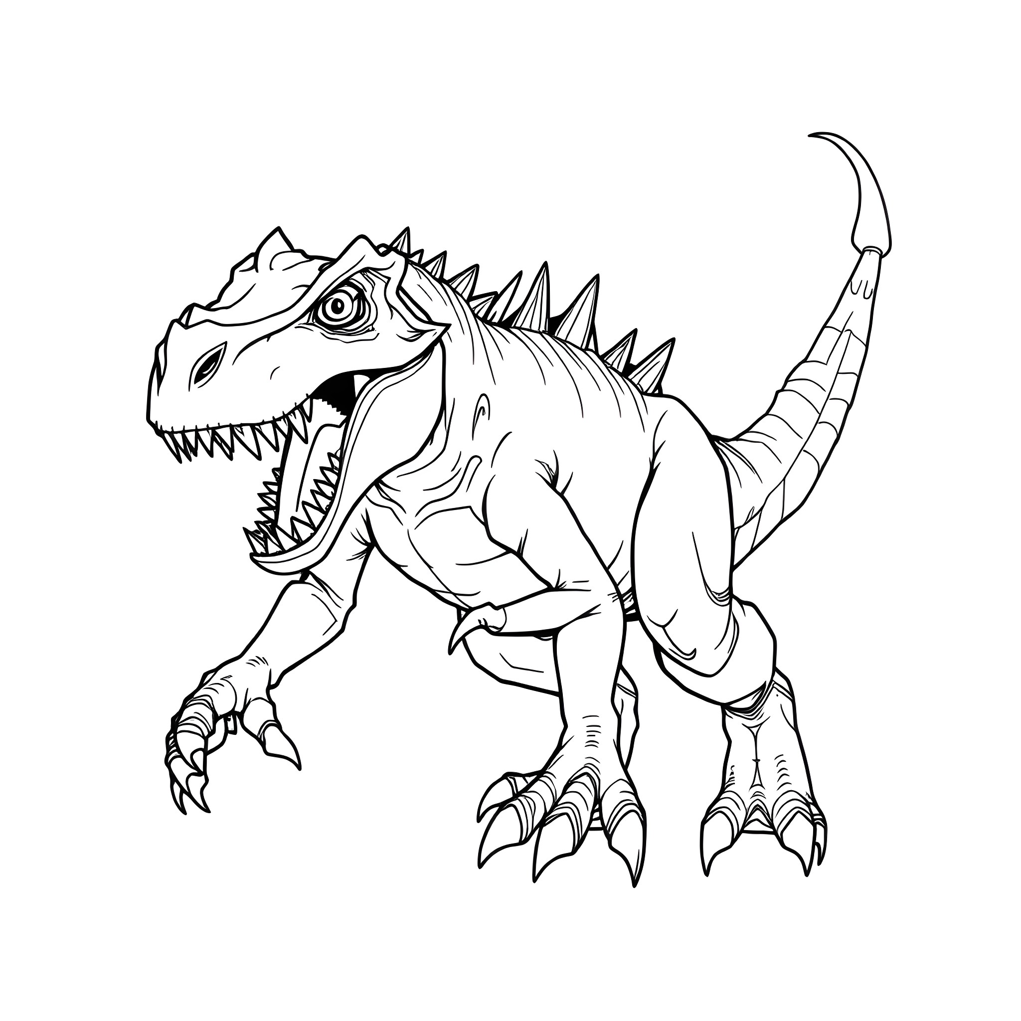 Hybrid Dinosaur Ferociously Roaring Coloring Page (free black-and-white line drawing printable PDF for all, from beginners to advanced learners, including children, teens, adults, and seniors)