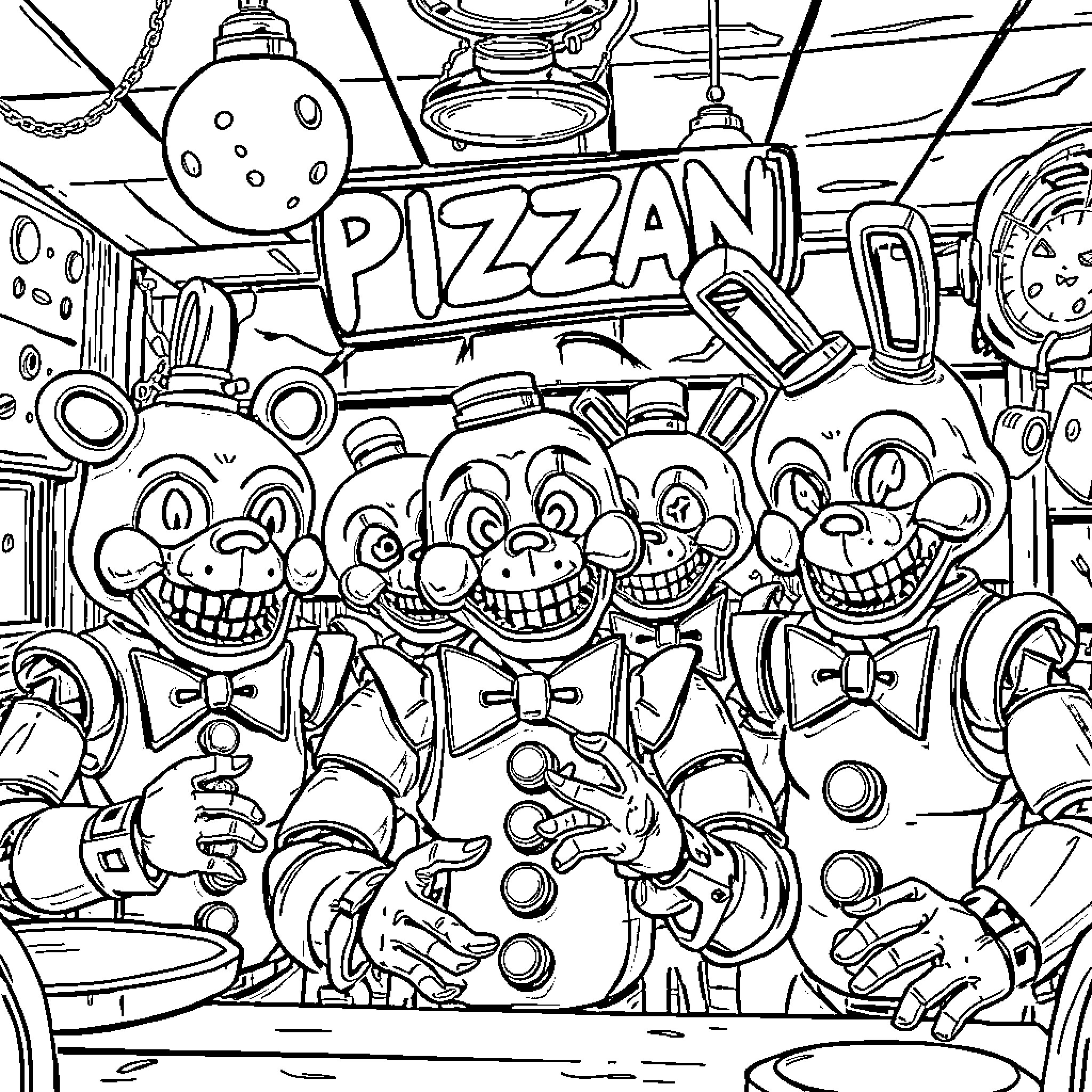 FNAF: Zany Animatronics in Pizzeria Chaos Coloring Page (free black-and-white line drawing printable PDF for all, from beginners to advanced learners, including children, teens, adults, and seniors)
