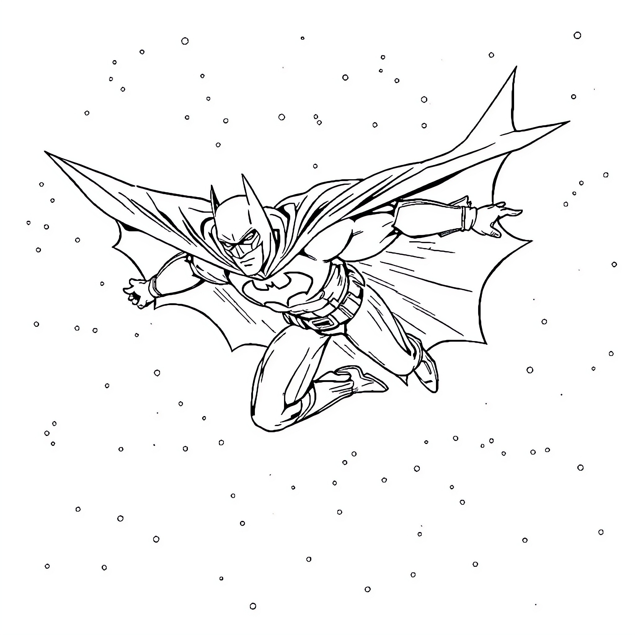Bat Man soaring through the night sky Coloring Page (free black-and-white line drawing printable PDF for all, from beginners to advanced learners, including children, teens, adults, and seniors)