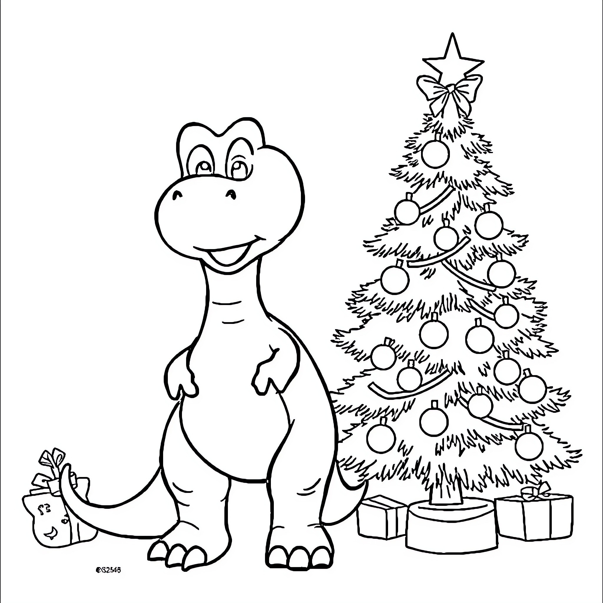 Dinosaur decorating festive Christmas tree Coloring Page (free black-and-white line drawing printable PDF for all, from beginners to advanced learners, including children, teens, adults, and seniors)