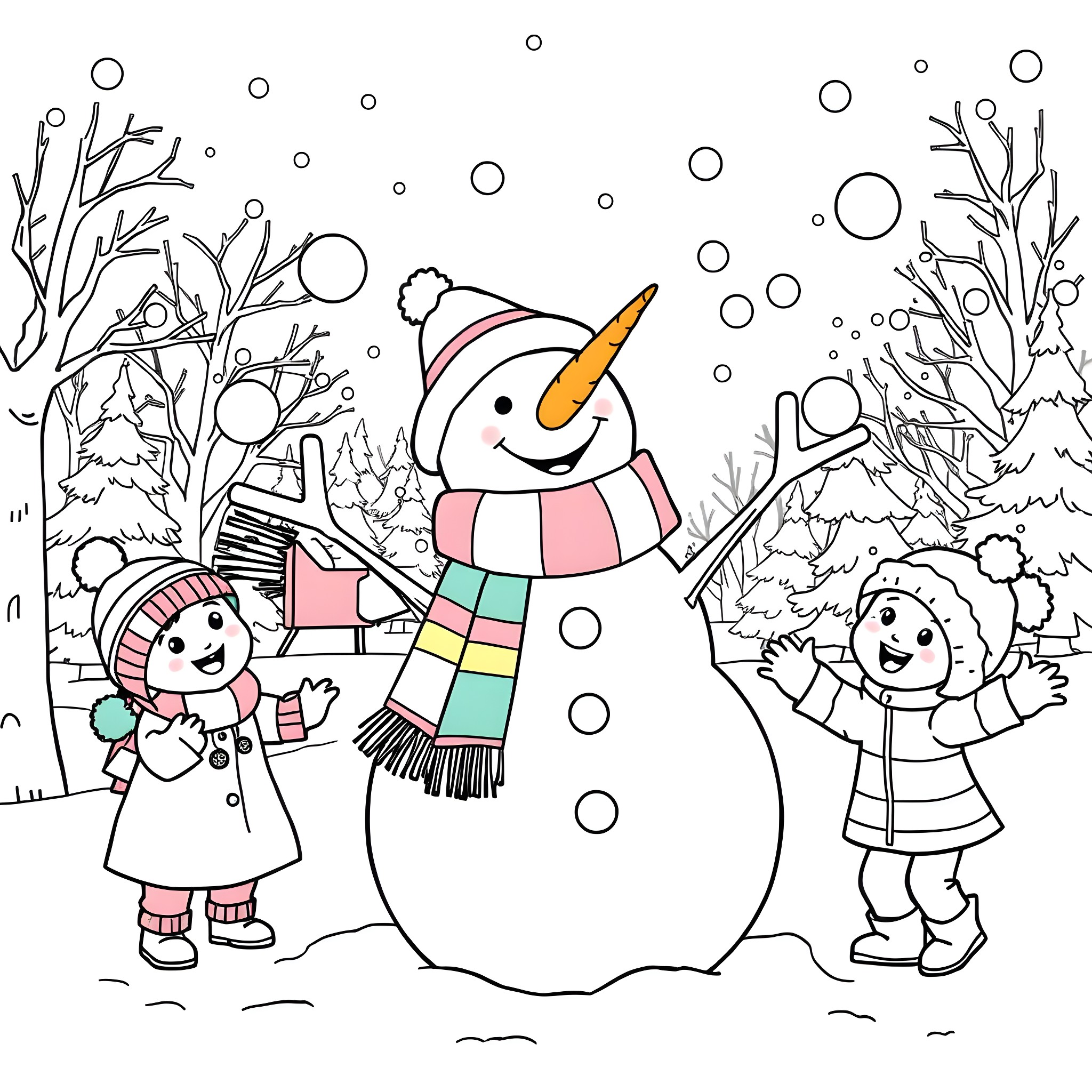 Snowman building with children in the snowy winter scene Coloring Page (free black-and-white line drawing printable PDF for all, from beginners to advanced learners, including children, teens, adults, and seniors)