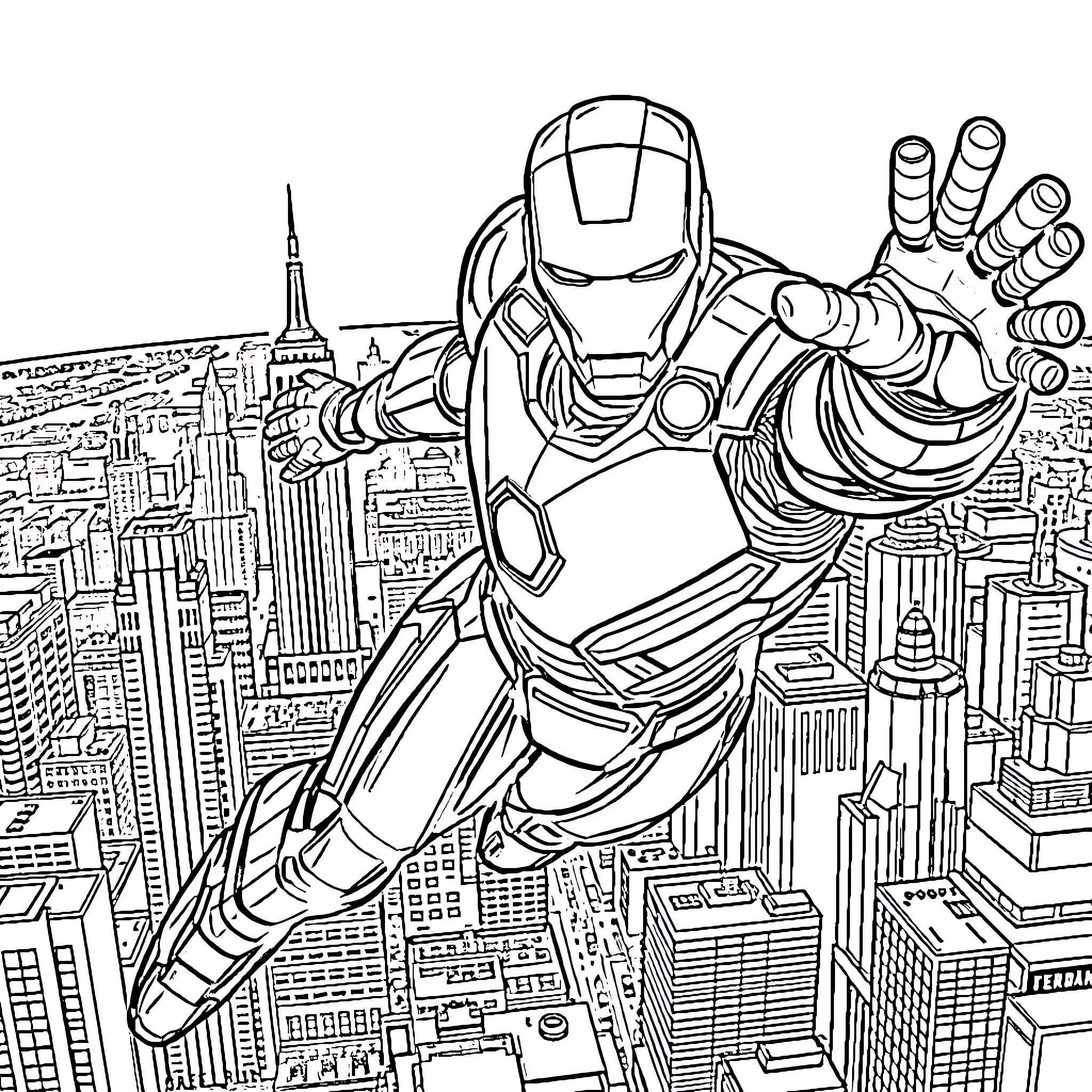 Iron Man Soaring Over a City Skyline Coloring Page (free black-and-white line drawing printable PDF for all, from beginners to advanced learners, including children, teens, adults, and seniors)
