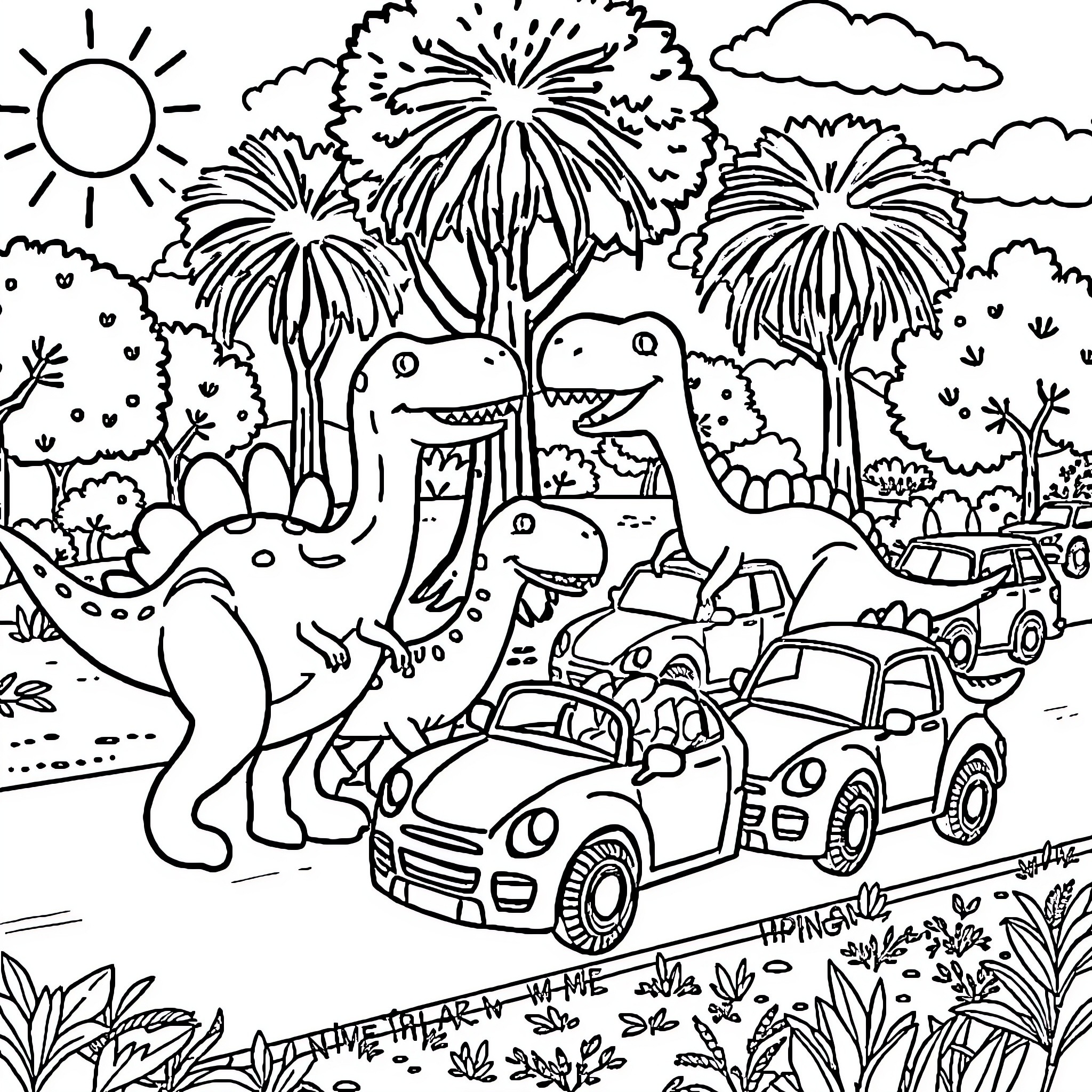 Dinosaur friends explore the lush landscape Coloring Page (free black-and-white line drawing printable PDF for all, from beginners to advanced learners, including children, teens, adults, and seniors)