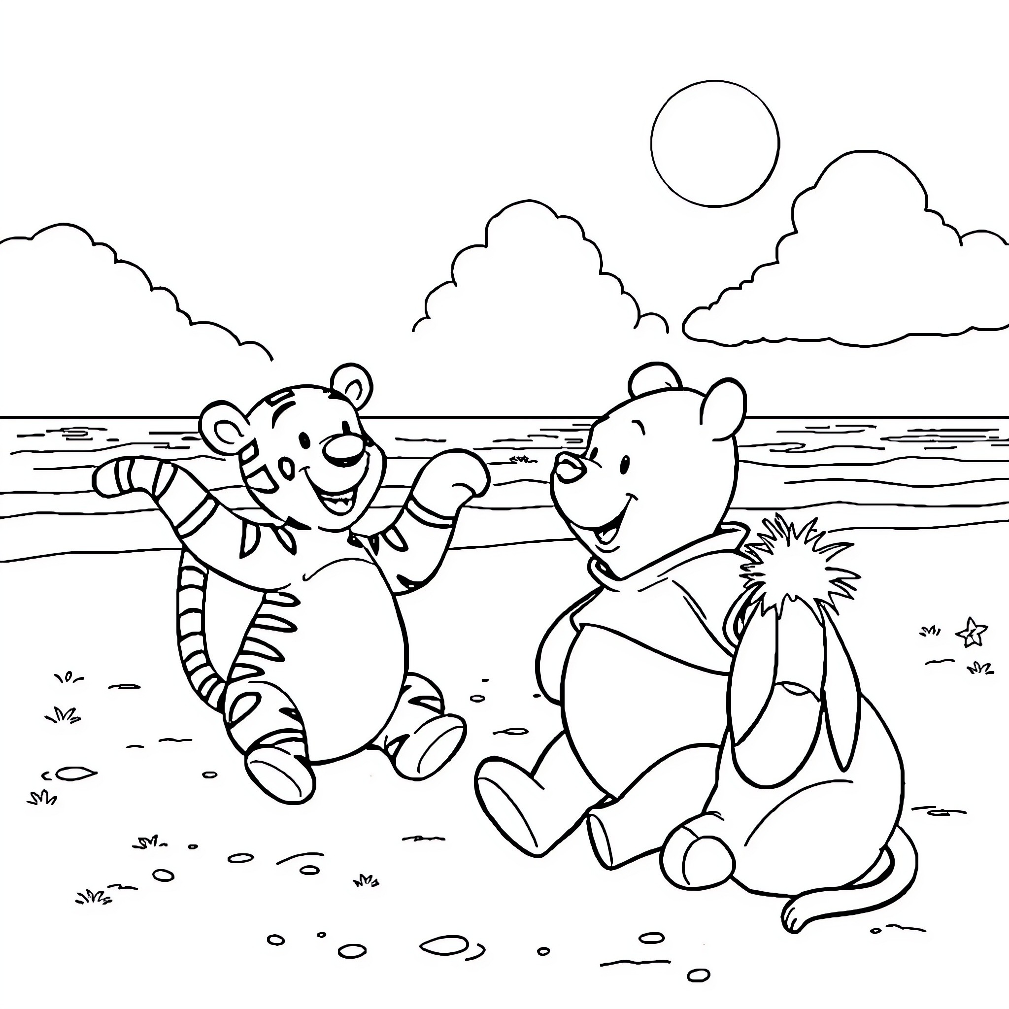 Winnie The Pooh playing joyfully on the beach Coloring Page (free black-and-white line drawing printable PDF for all, from beginners to advanced learners, including children, teens, adults, and seniors)