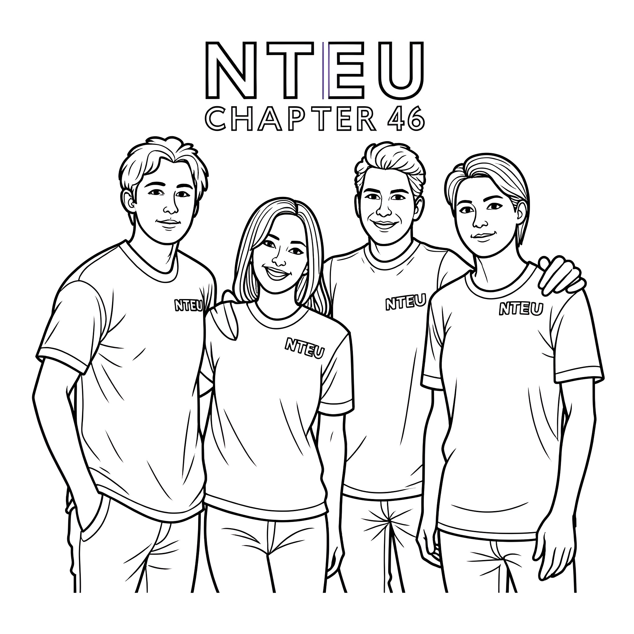 NTEU Logo Group Portrait of Cheerful People Coloring Page (free black-and-white line drawing printable PDF for all, from beginners to advanced learners, including children, teens, adults, and seniors)