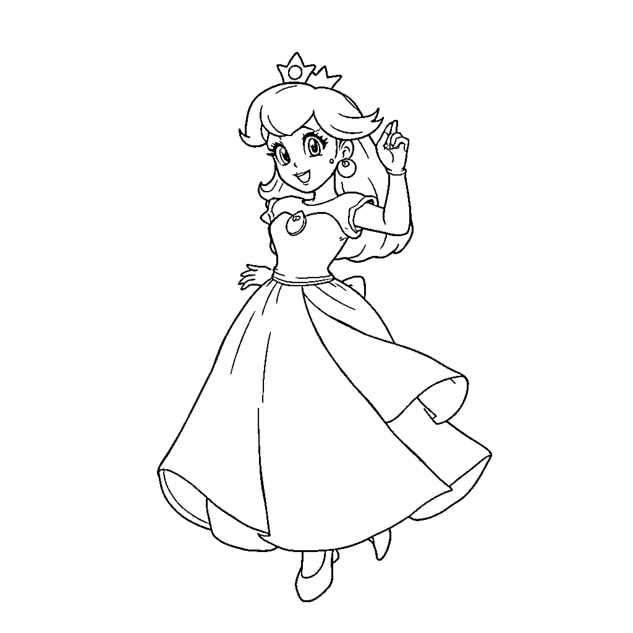 Princess Peach striking a playful pose Coloring Page (free black-and-white line drawing printable PDF for all, from beginners to advanced learners, including children, teens, adults, and seniors)