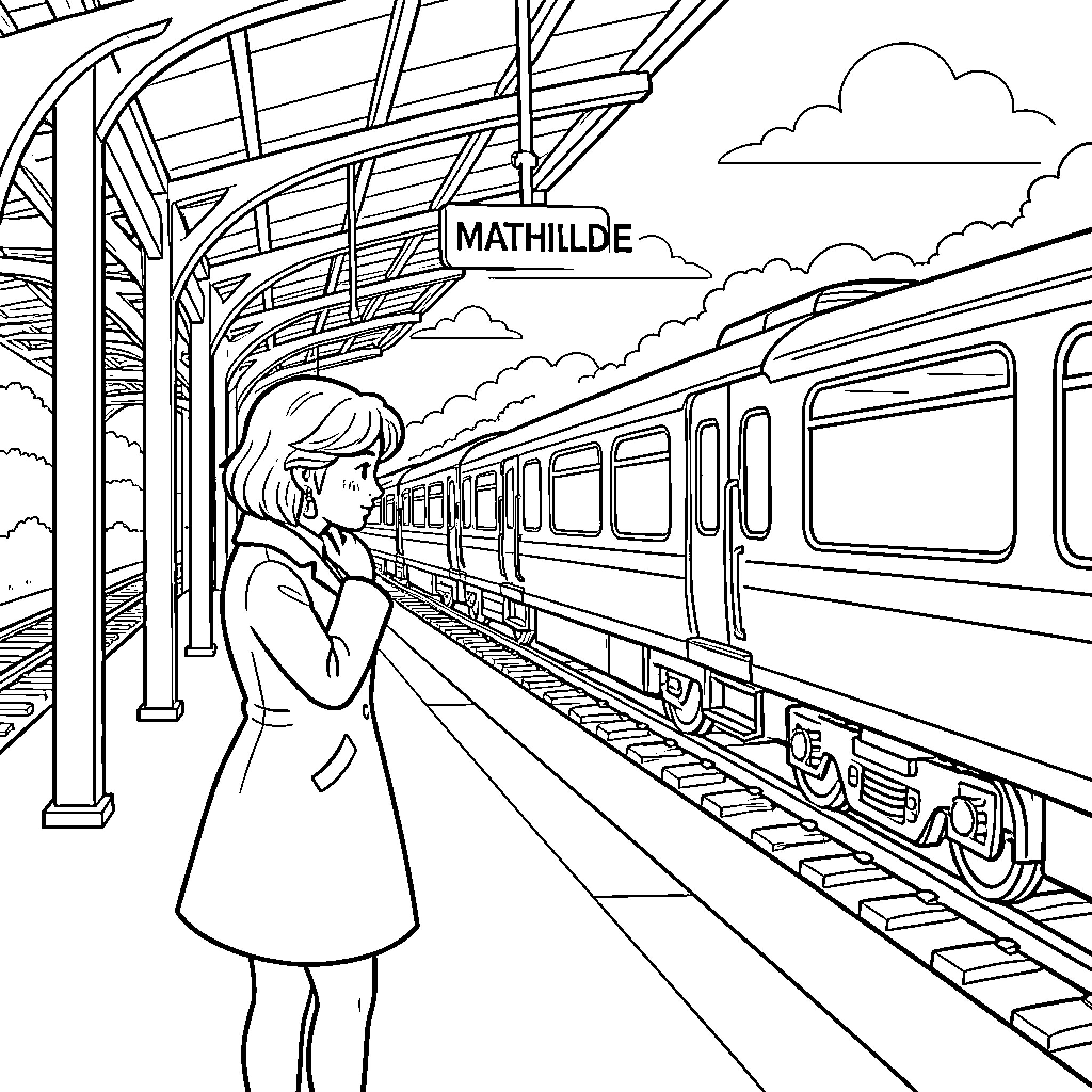Mathilde standing on a train platform waiting Coloring Page (free black-and-white line drawing printable PDF for all, from beginners to advanced learners, including children, teens, adults, and seniors)
