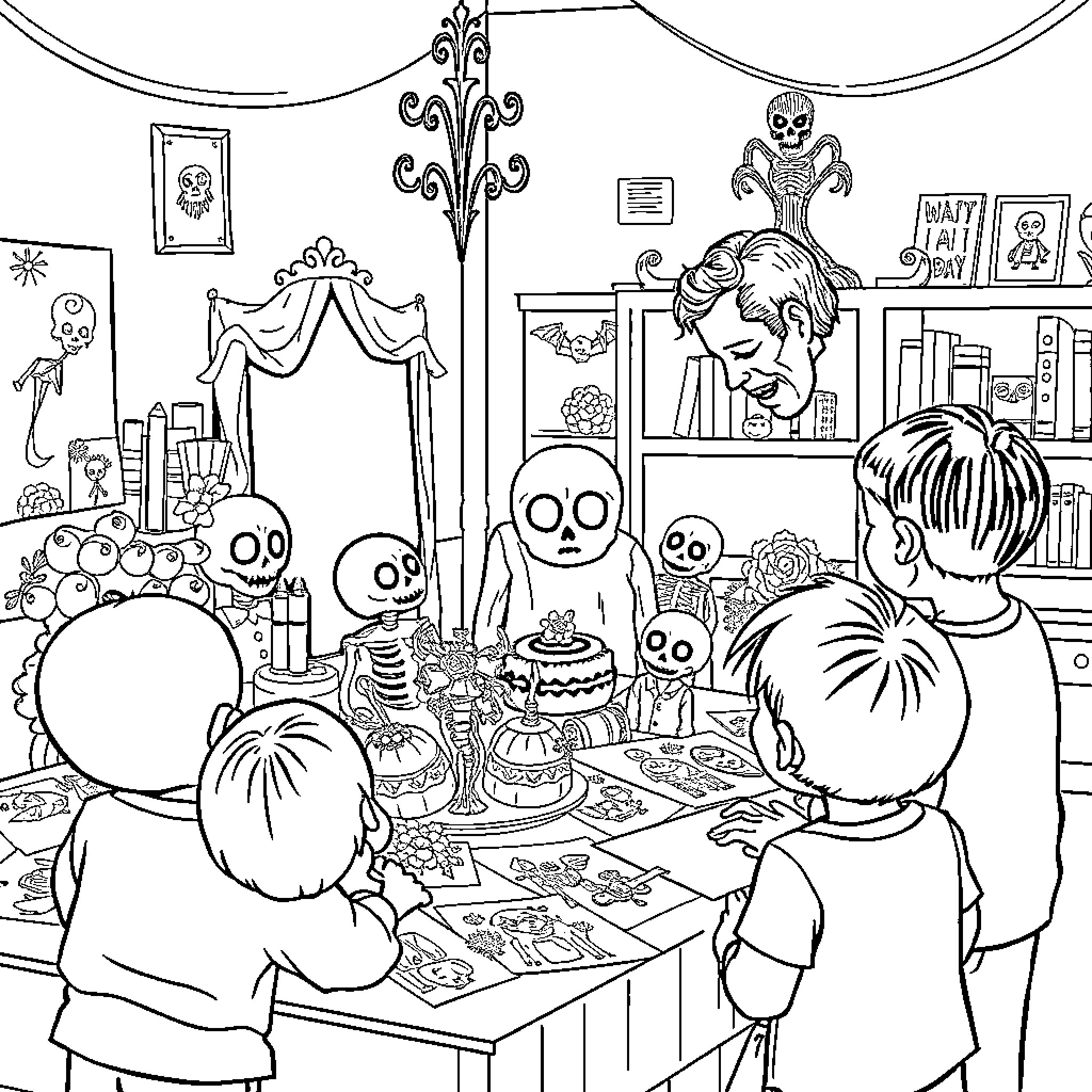 Maestro's Magical Gathering: Whimsical Celebration with Enchanted Creatures Coloring Page (free black-and-white line drawing printable PDF for all, from beginners to advanced learners, including children, teens, adults, and seniors)