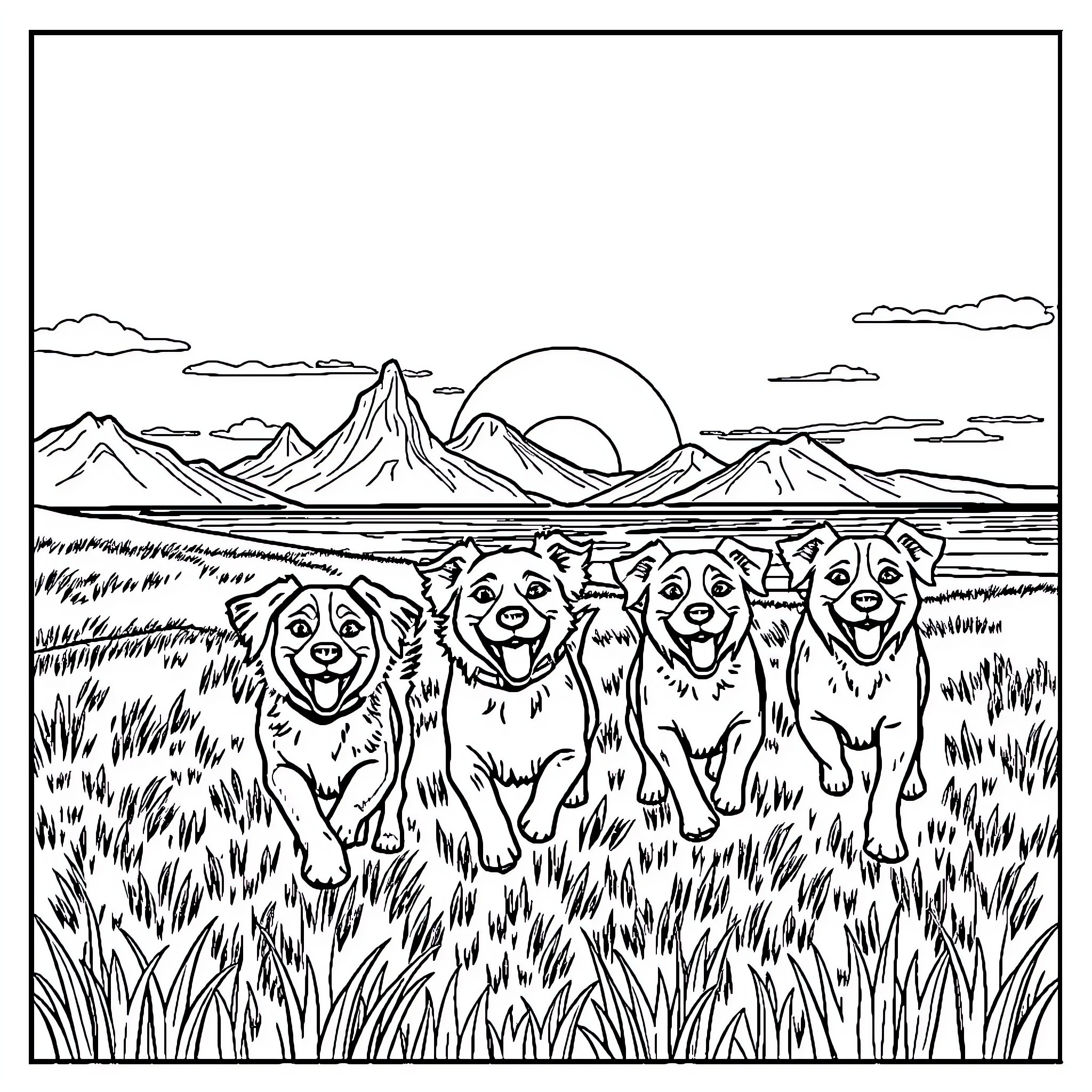 Dogs playing happily in a scenic landscape Coloring Page (free black-and-white line drawing printable PDF for all, from beginners to advanced learners, including children, teens, adults, and seniors)