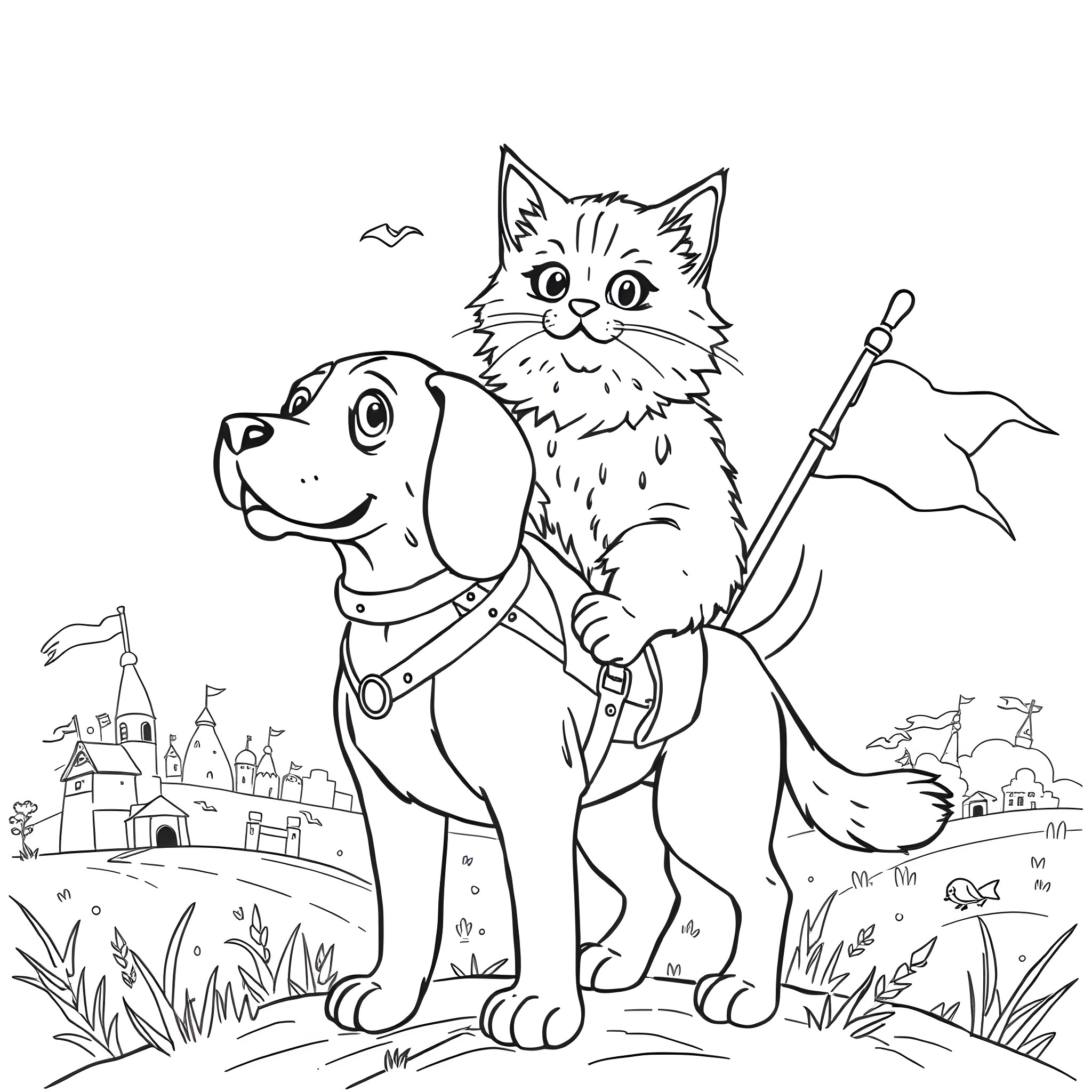 Cat and dog exploring a medieval fantasy landscape Coloring Page (free black-and-white line drawing printable PDF for all, from beginners to advanced learners, including children, teens, adults, and seniors)