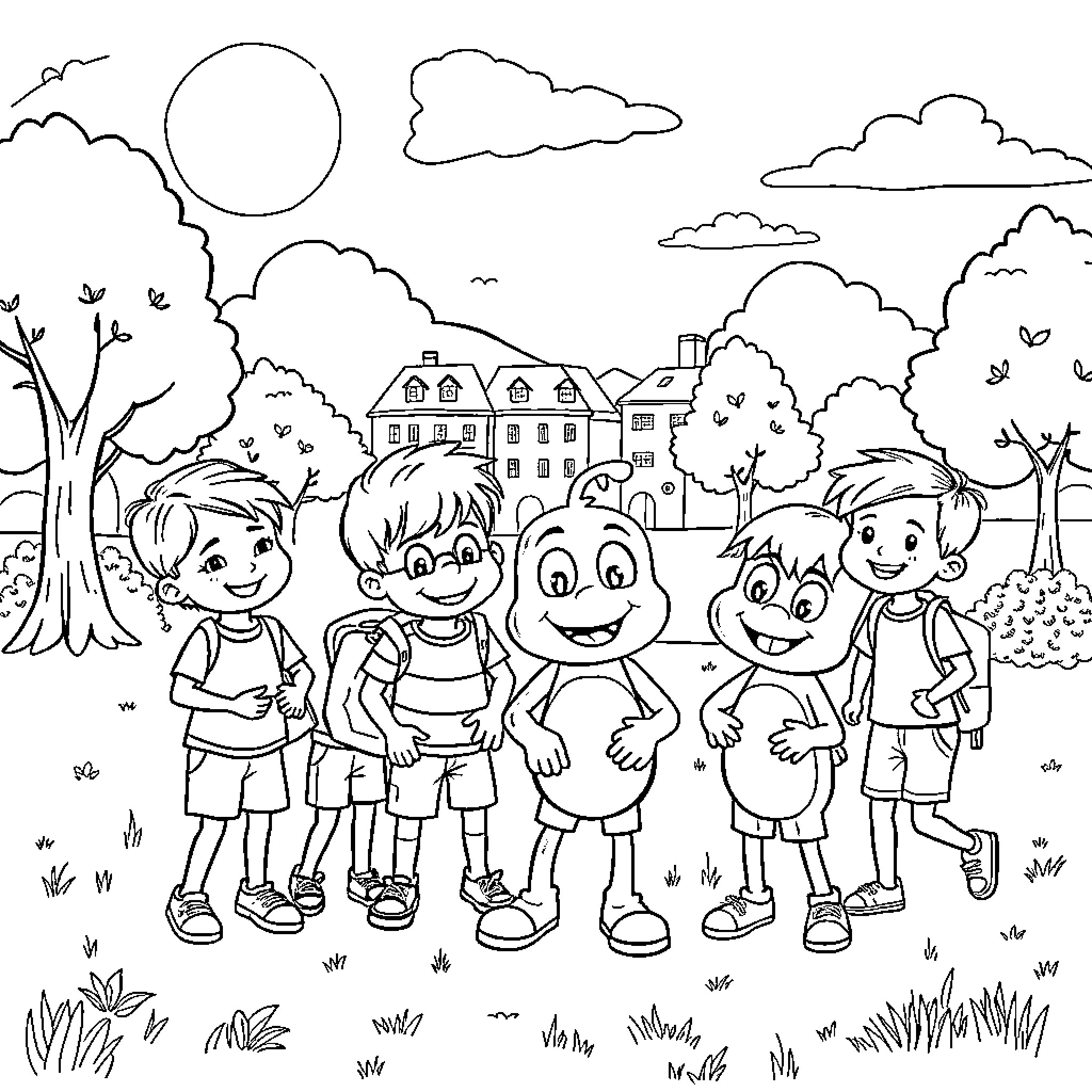 Bluey and friends enjoy outdoor adventure Coloring Page (free black-and-white line drawing printable PDF for all, from beginners to advanced learners, including children, teens, adults, and seniors)