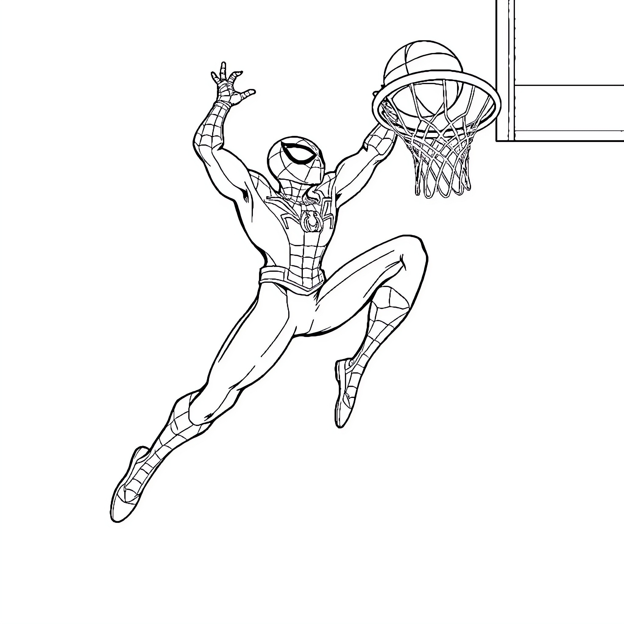 Spiderman dunking basketball in the gym Coloring Page (free black-and-white line drawing printable PDF for all, from beginners to advanced learners, including children, teens, adults, and seniors)